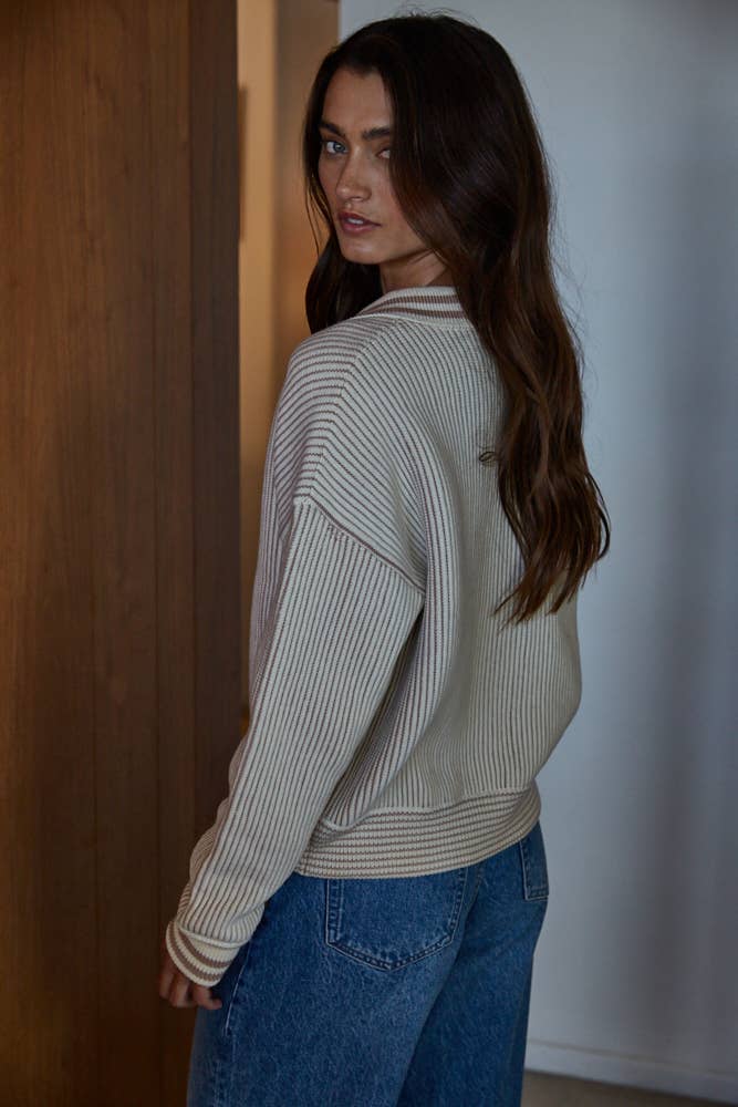 Striped Half Button Down Sweater