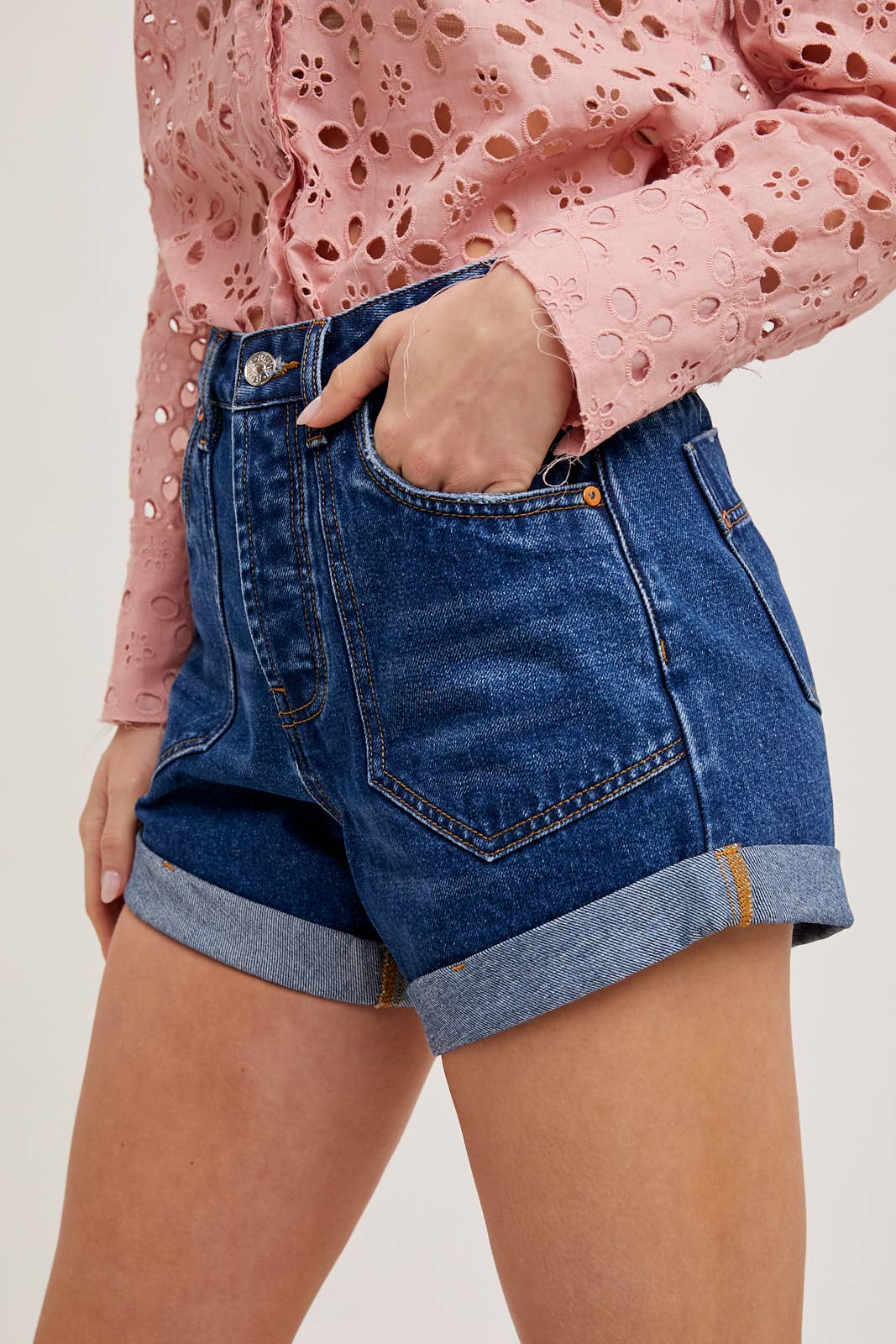 Dark Wash Rolled Denim Shorts