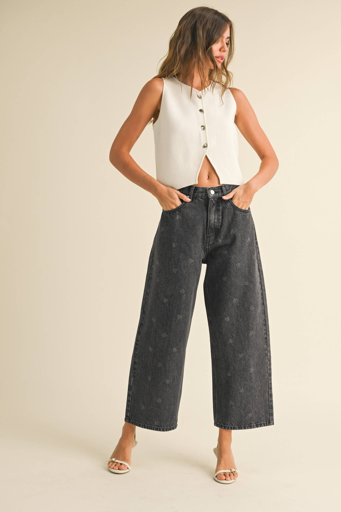 Heart Print Black Denim Pants