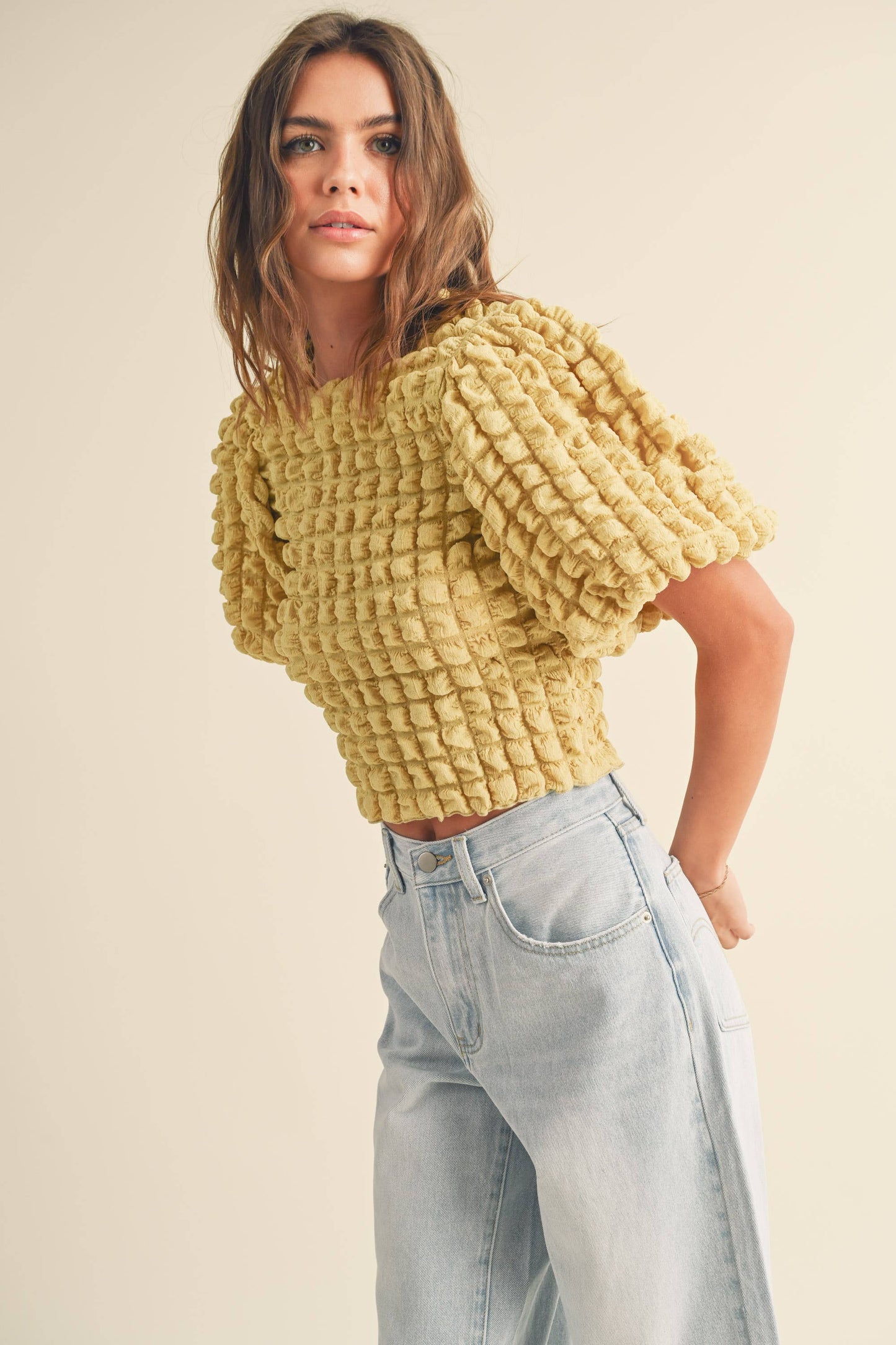 Balloon Sleeve Popcorn Blouse - Black