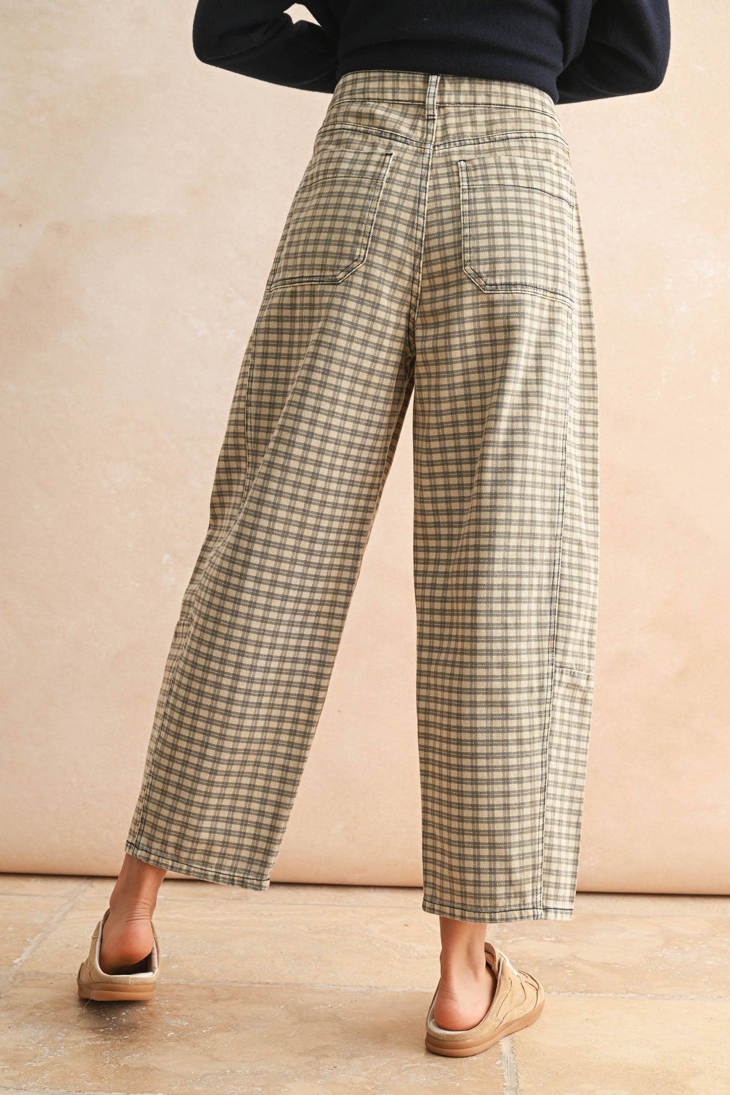 Tan Checker Barrel Pants