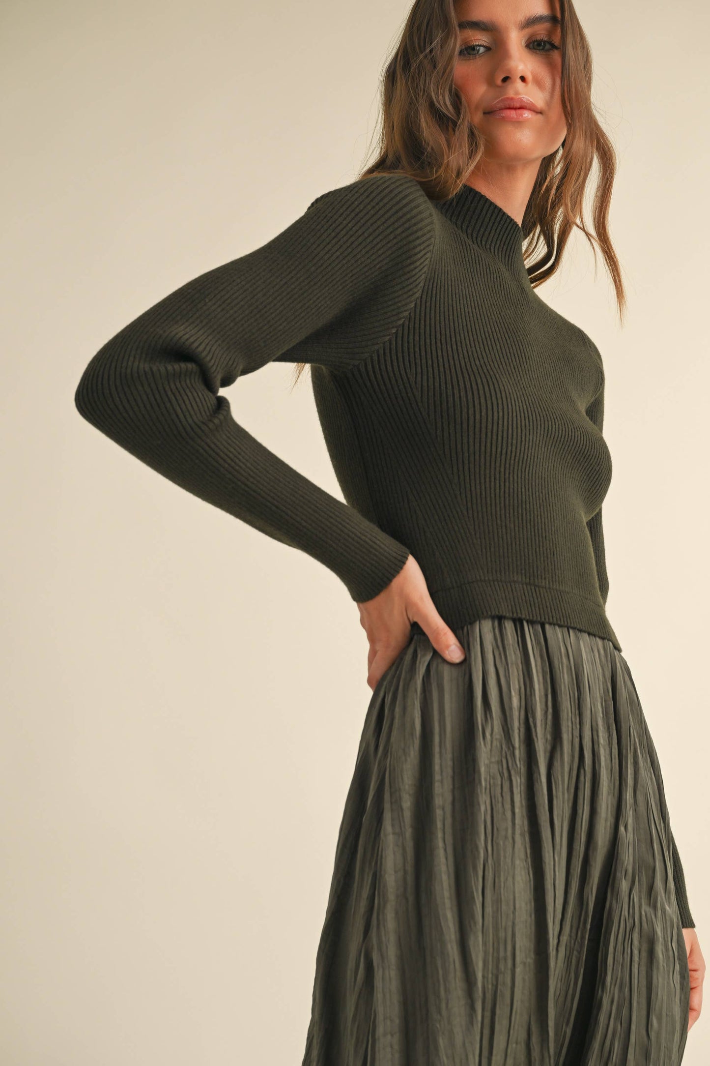 Sweater Combo Dress - Olive