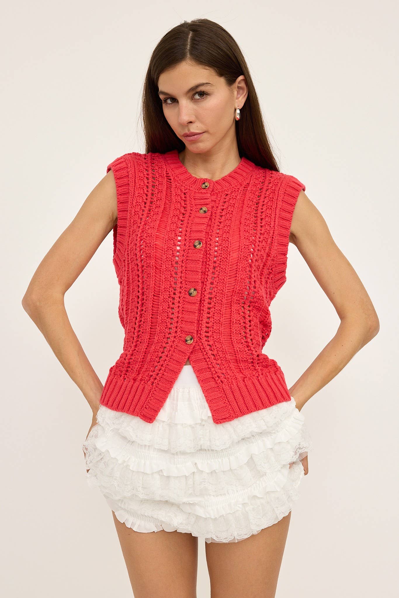 Sleeveless Sweater Cardigan - Red