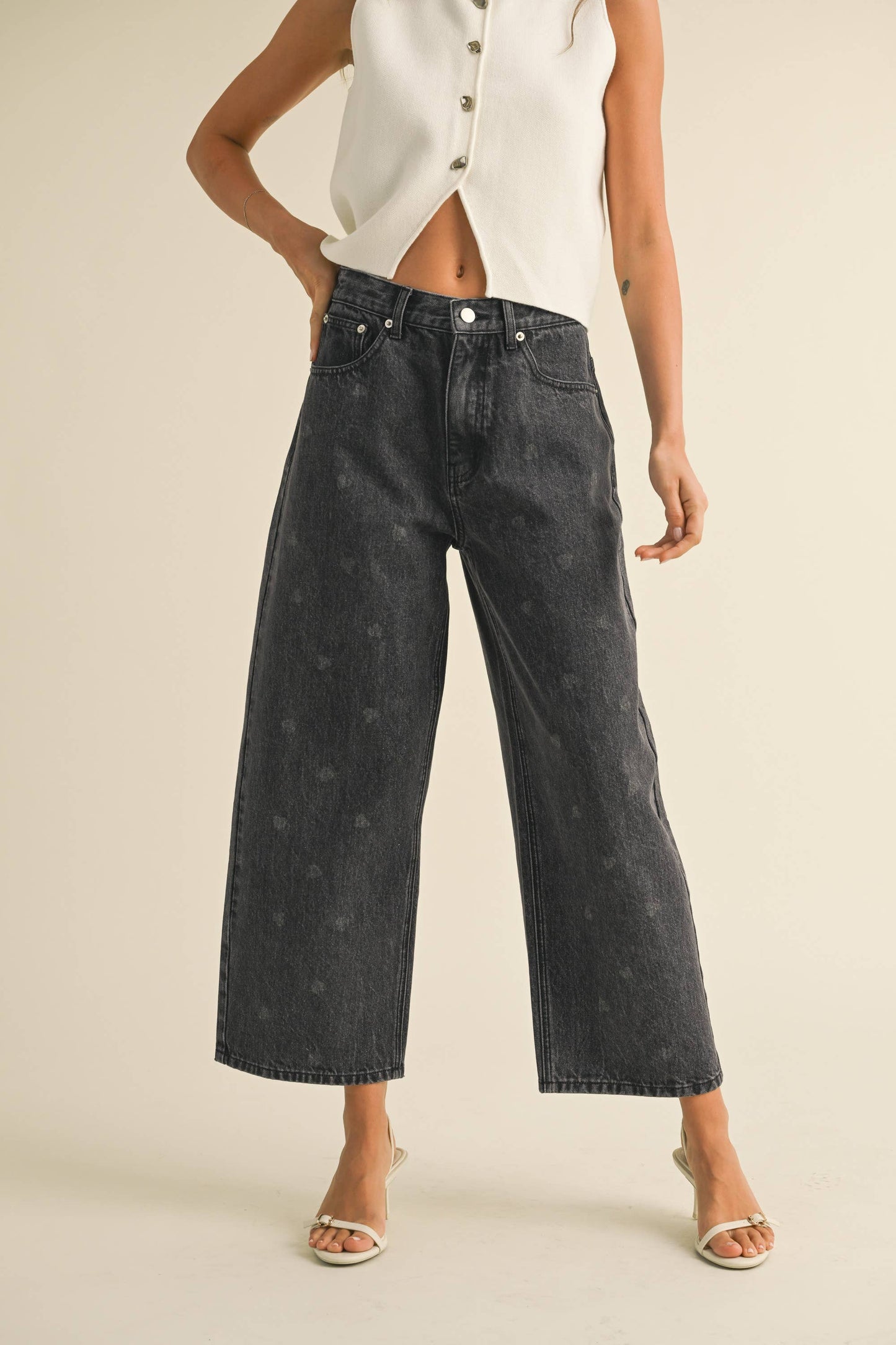 Heart Print Black Denim Pants