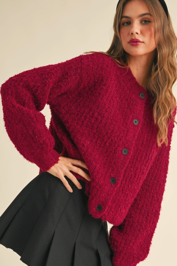 Red Roundneck Button Cardigan