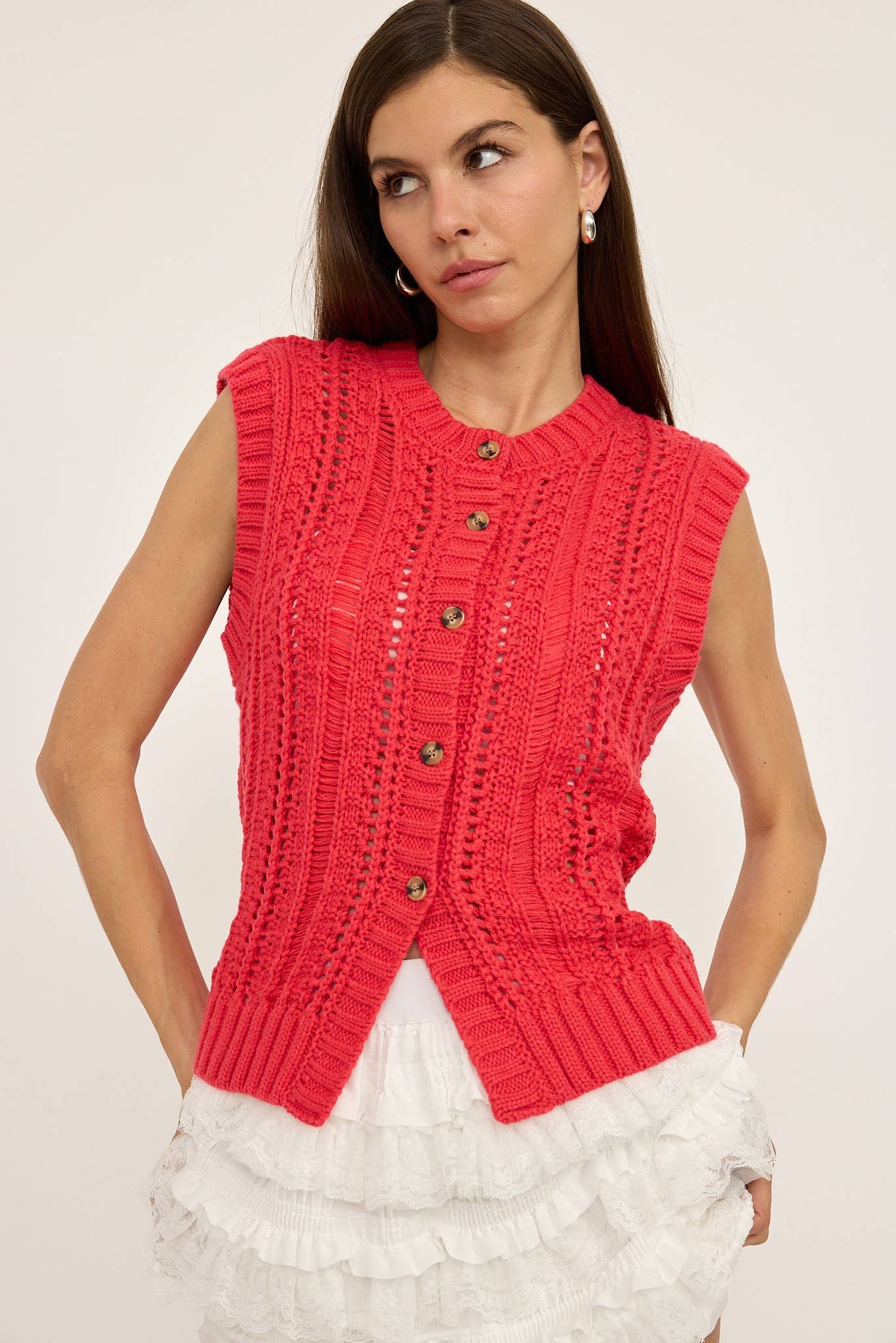 Sleeveless Sweater Cardigan - Red