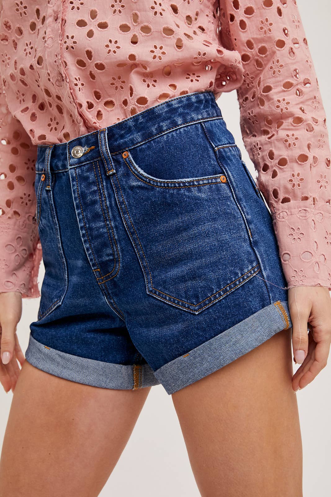 Dark Wash Rolled Denim Shorts