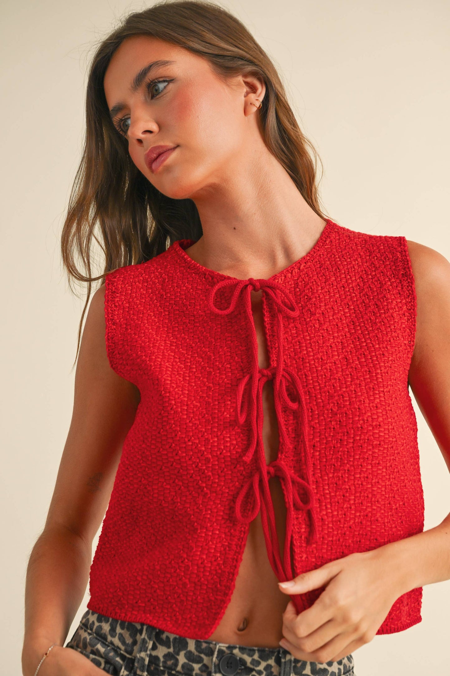 Knitted Tie Cardigan - Red