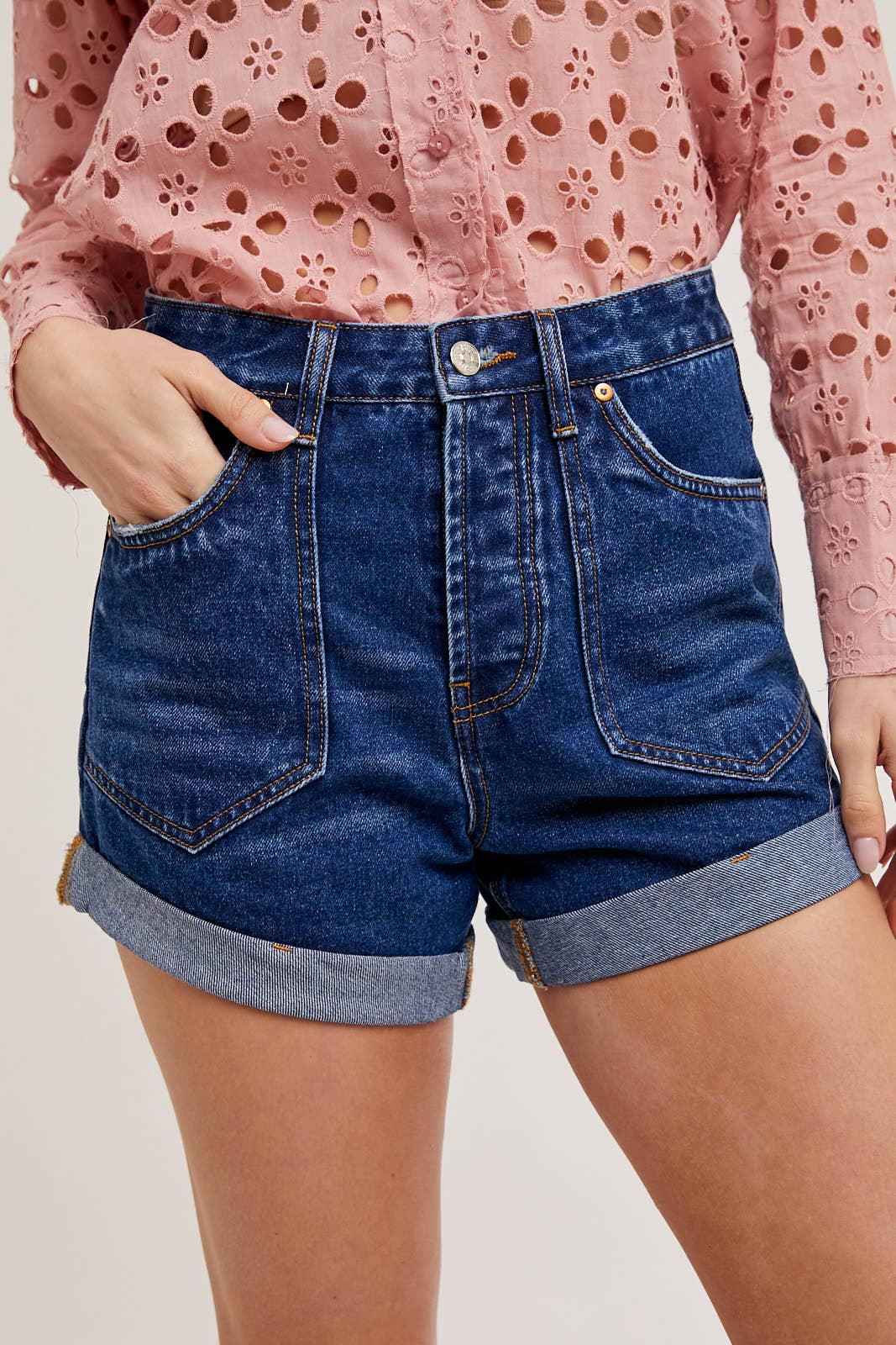 Dark Wash Rolled Denim Shorts