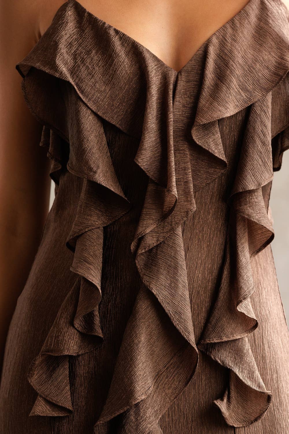 Ruffled Texture Maxi Dress - Brown