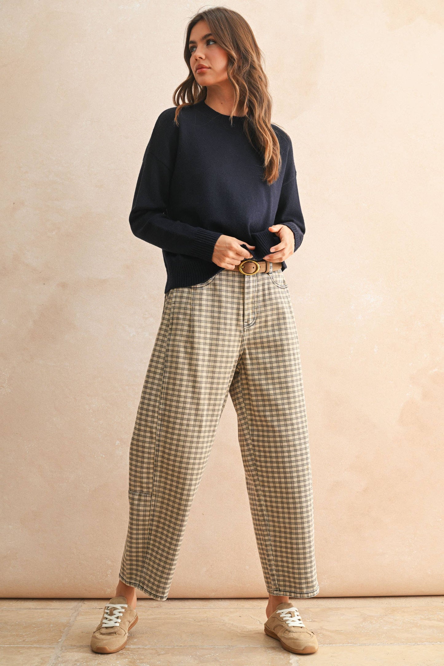Tan Checker Barrel Pants