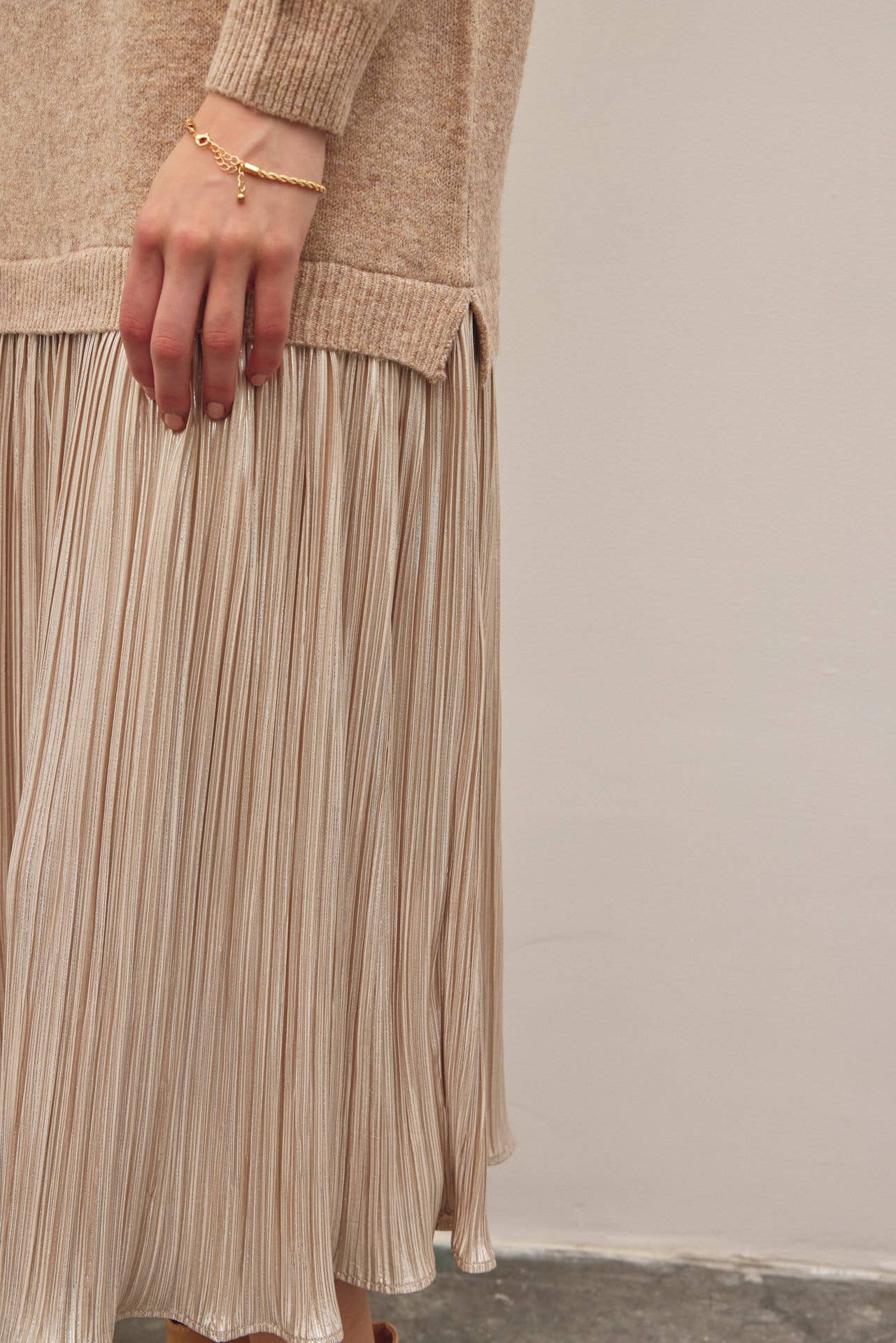 Beige Metallic Pleated Skirt Midi Dress