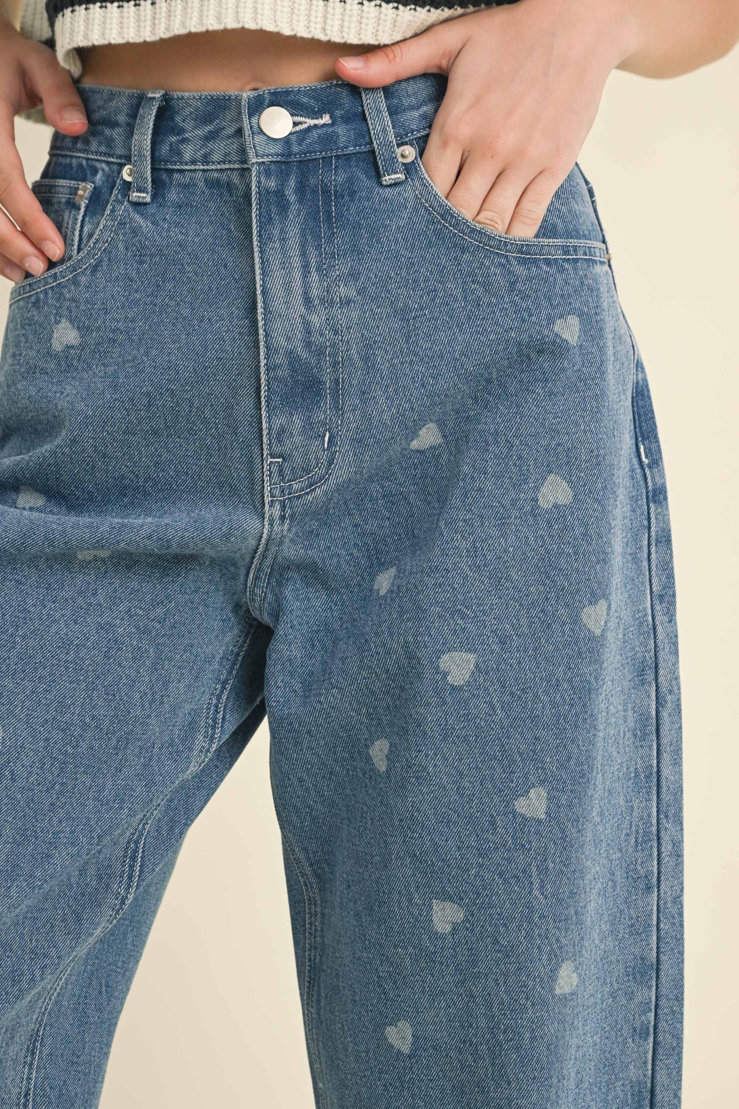 Heart Print Blue Denim Pants