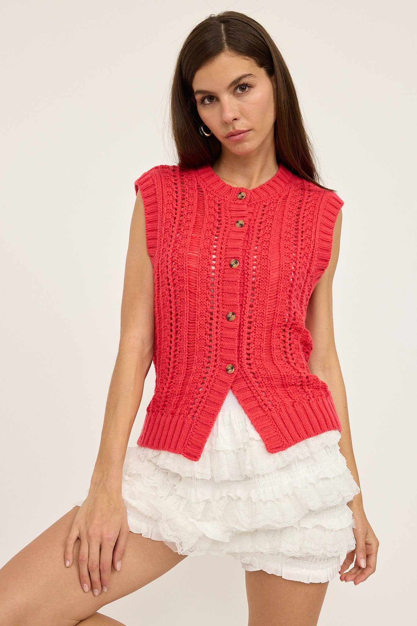 Sleeveless Sweater Cardigan - Red
