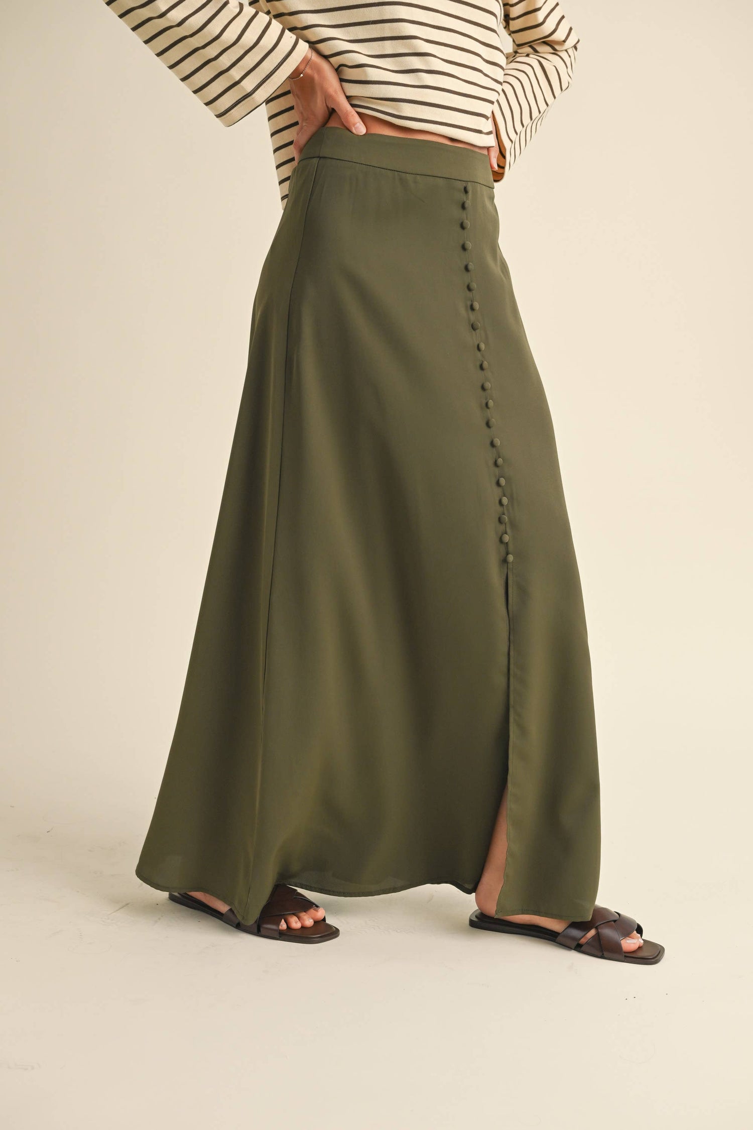 Olive Button Detail Satin Skirt