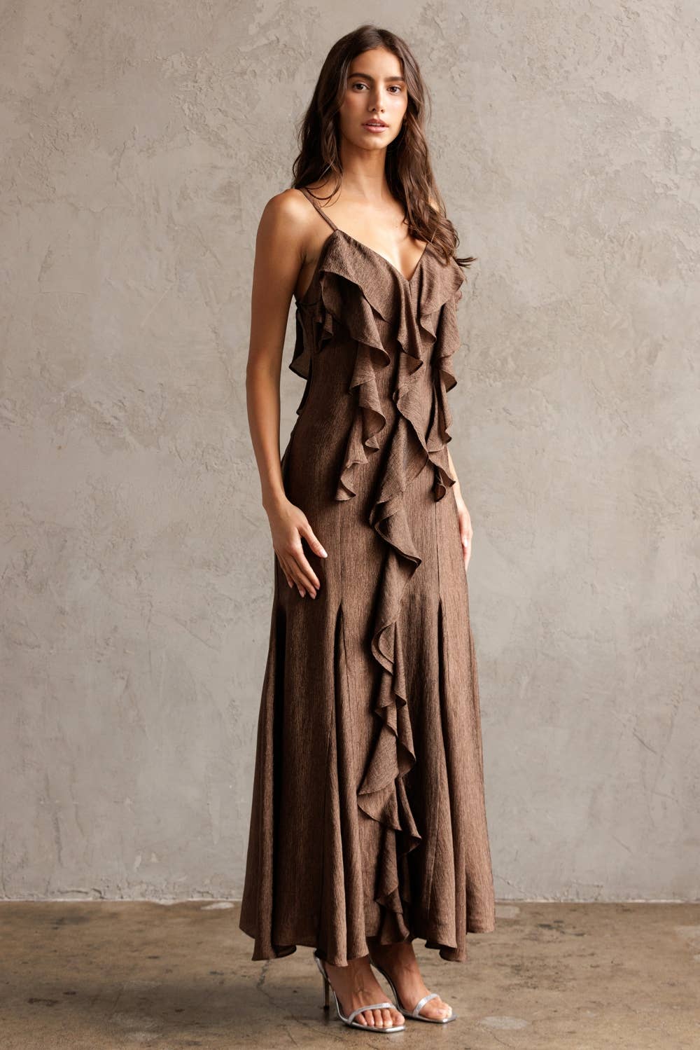 Ruffled Texture Maxi Dress - Brown