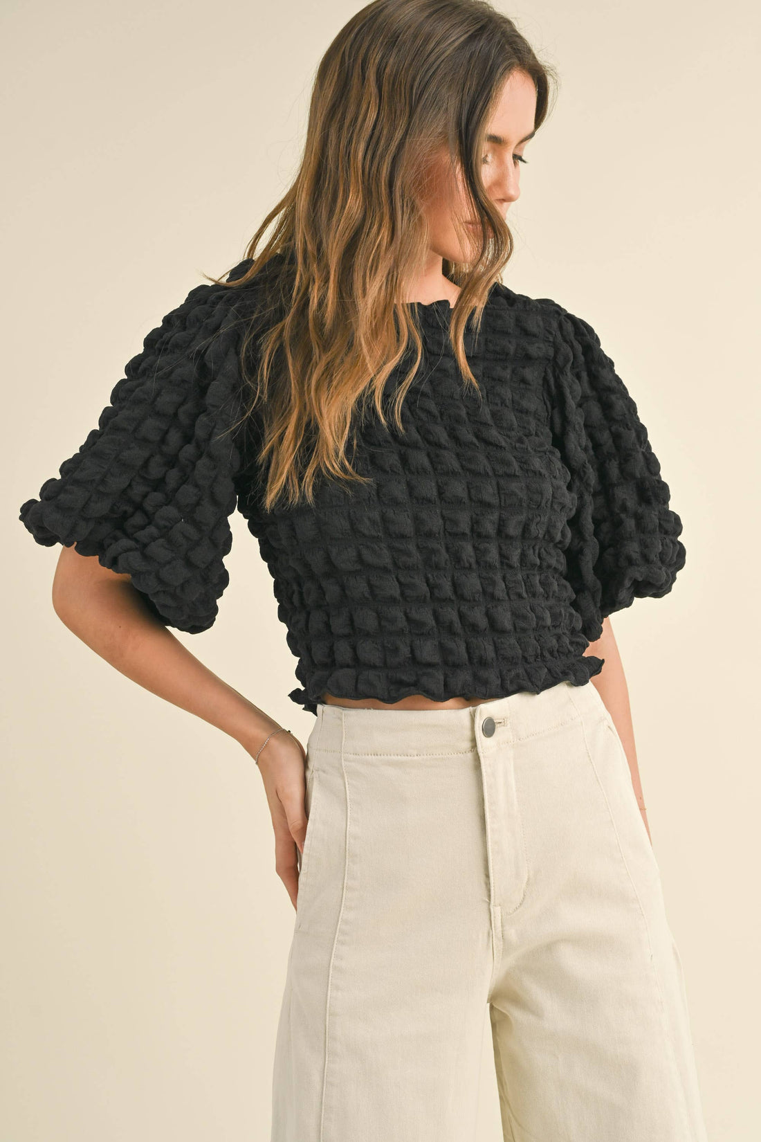 Balloon Sleeve Popcorn Blouse - Black