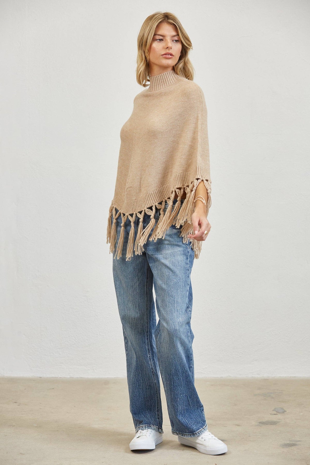 Fringe Mock Neck Poncho