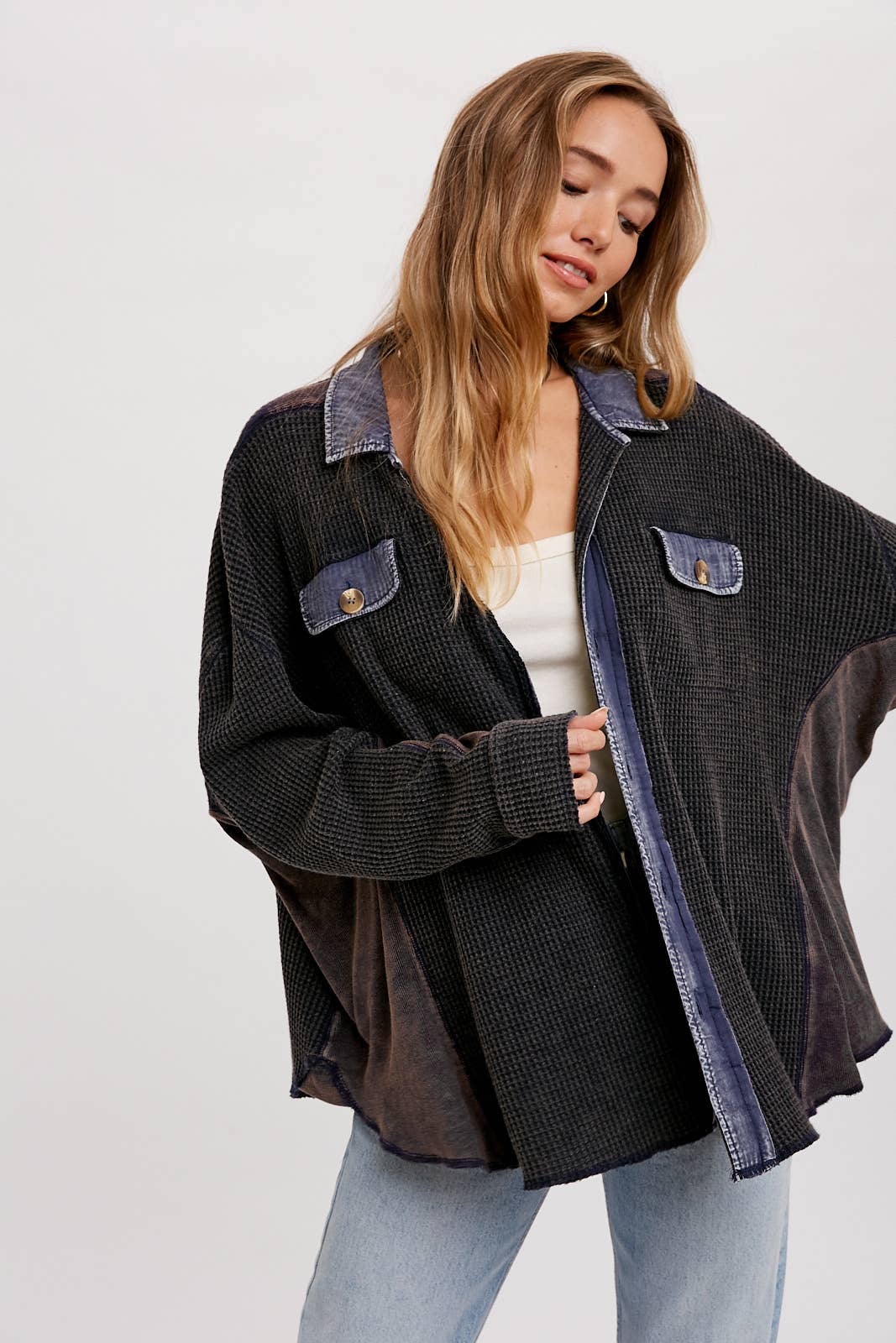 Navy Slouchy Waffle Knit Jacket