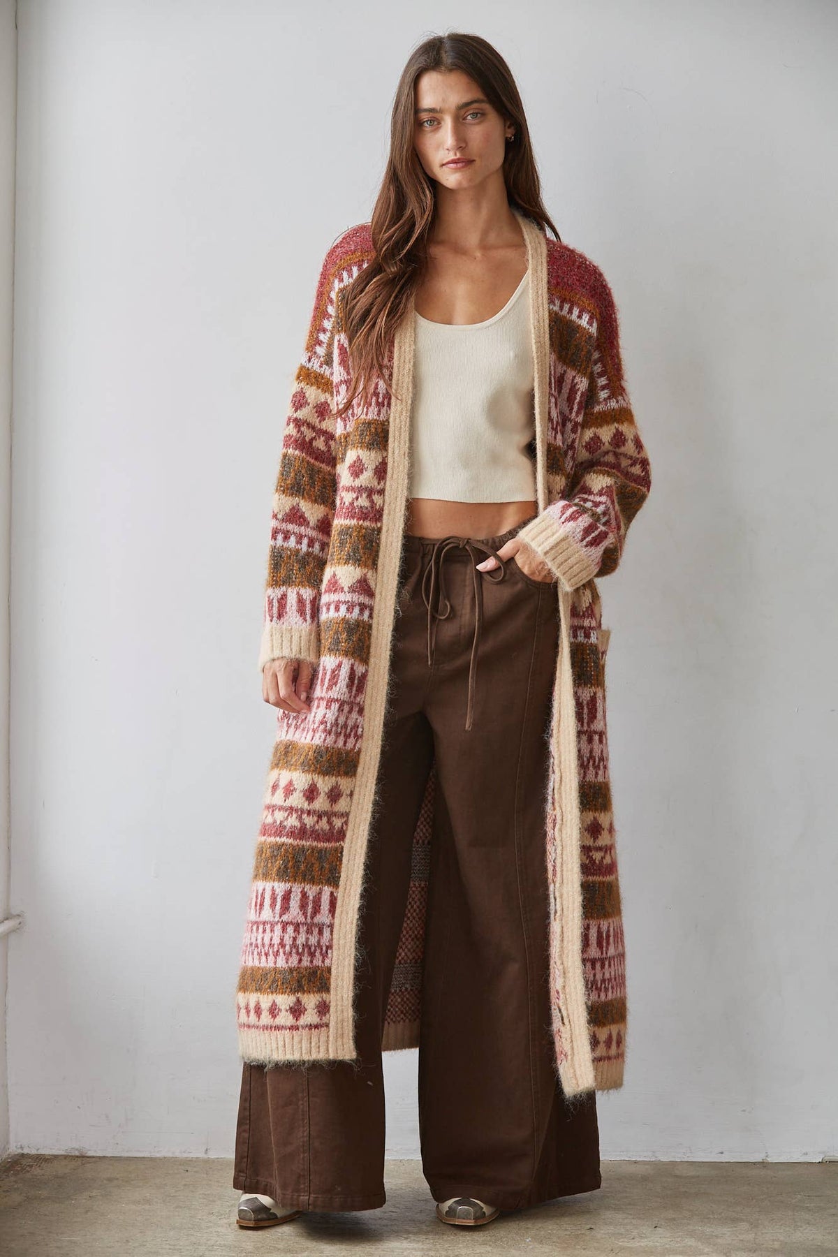 Long Printed Burgundy Cardigan