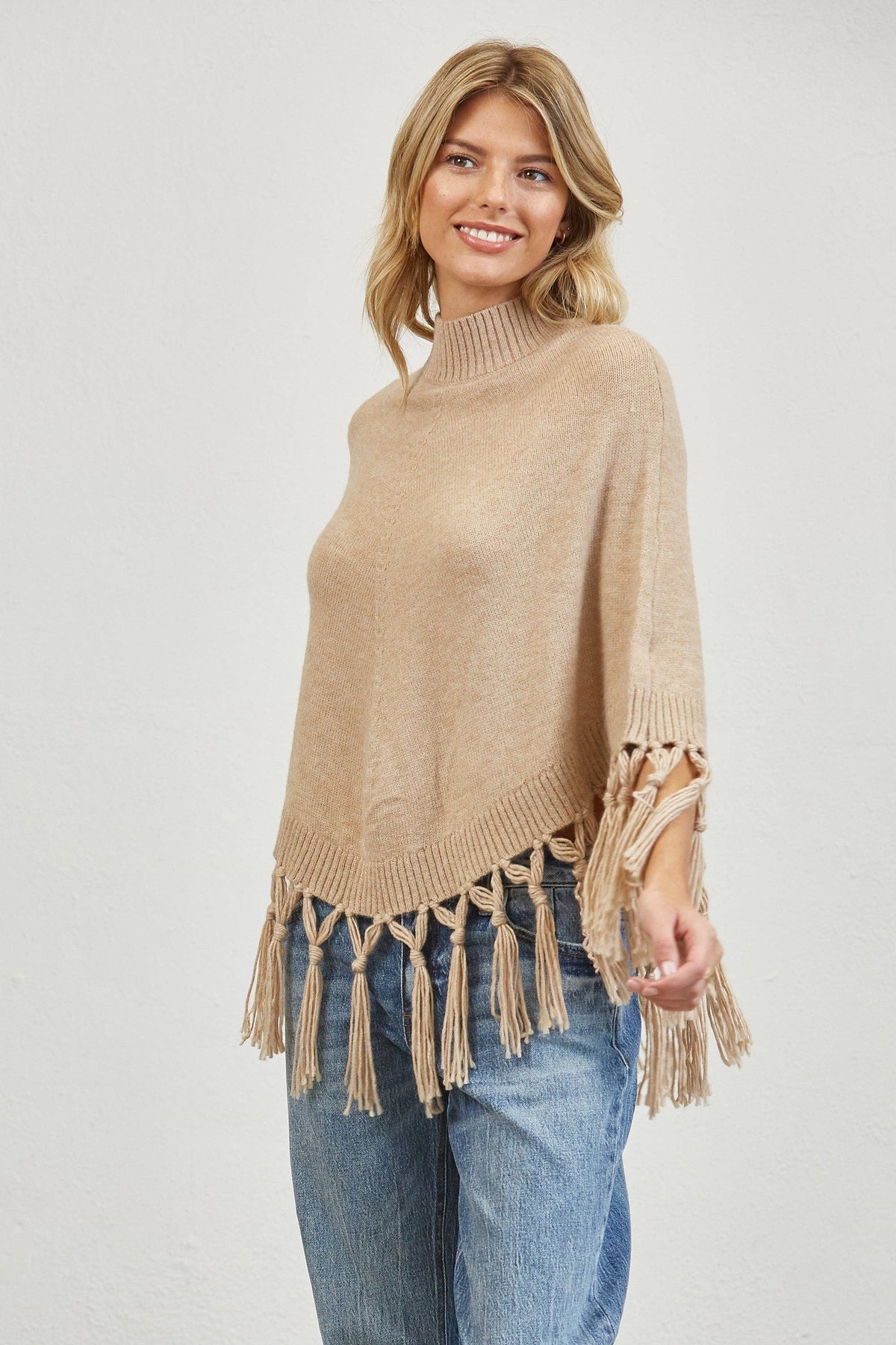 Fringe Mock Neck Poncho