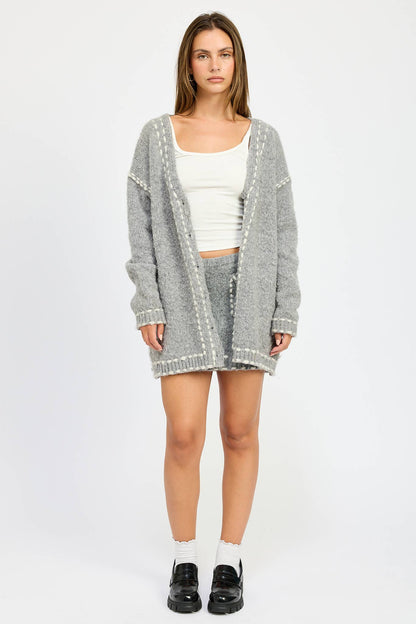 Gray Contrasted Stitch Cardigan