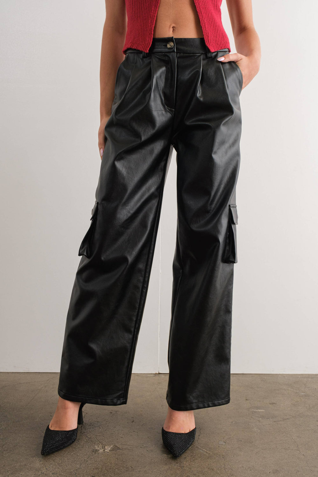 Wide Cargo Black Leather Pants