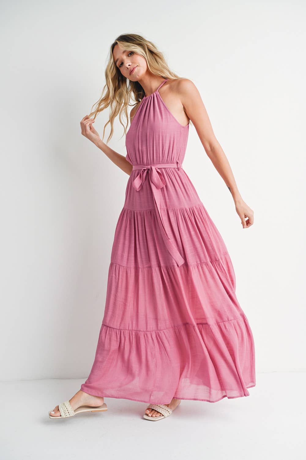 Rose Tiered Halter Maxi Dress