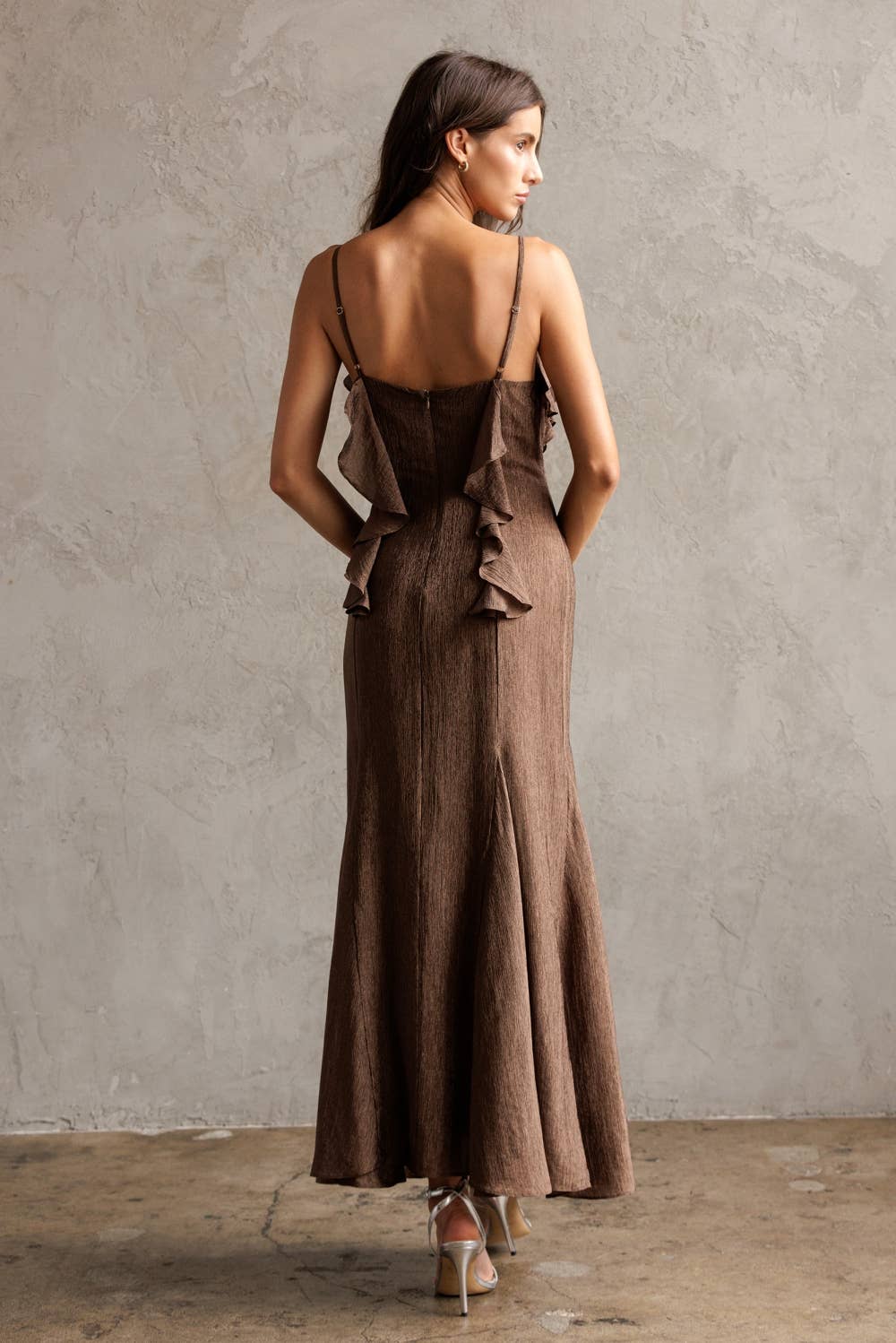 Ruffled Texture Maxi Dress - Brown
