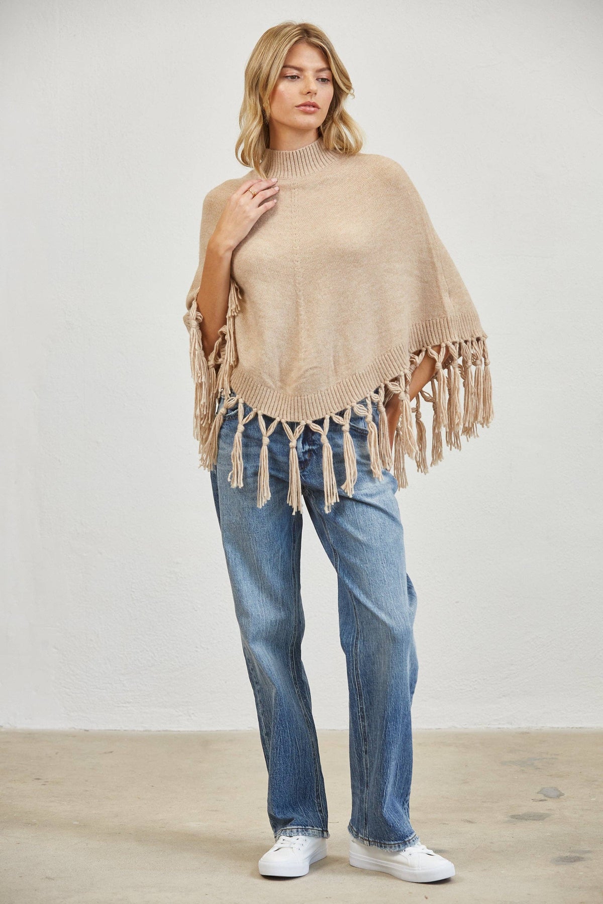 Fringe Mock Neck Poncho