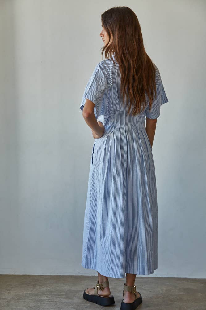 Cream Blue Pleated Dress