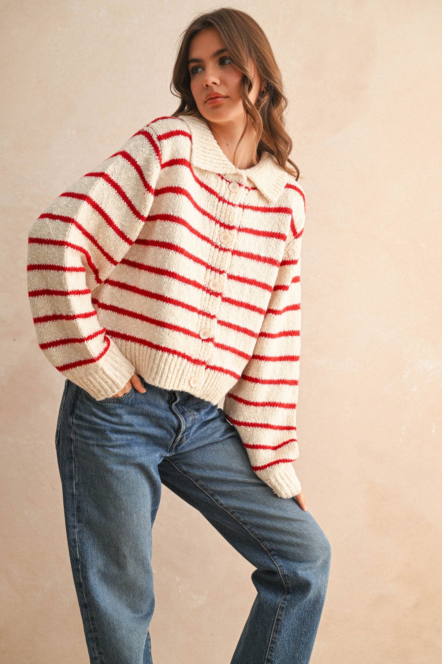 Striped Collared Cardigan Red