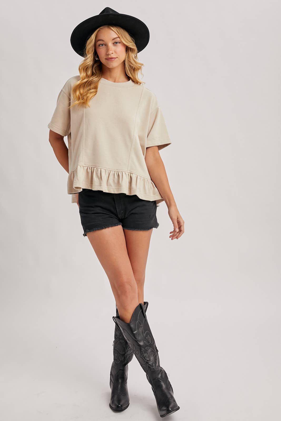Ruffled Peplum Tee - Sand
