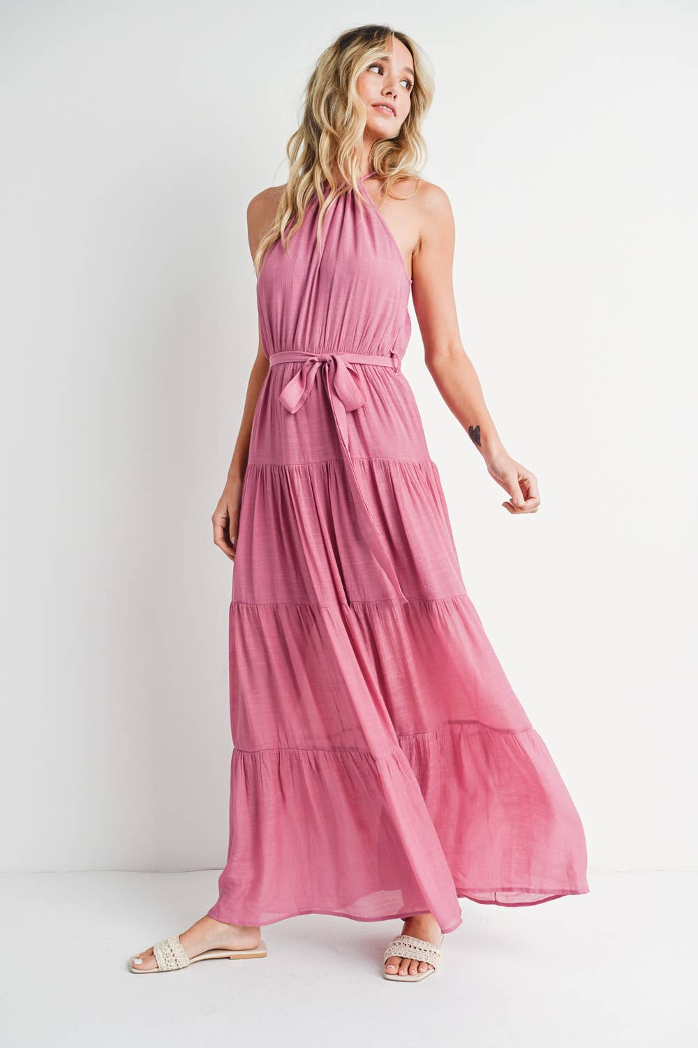 Rose Tiered Halter Maxi Dress