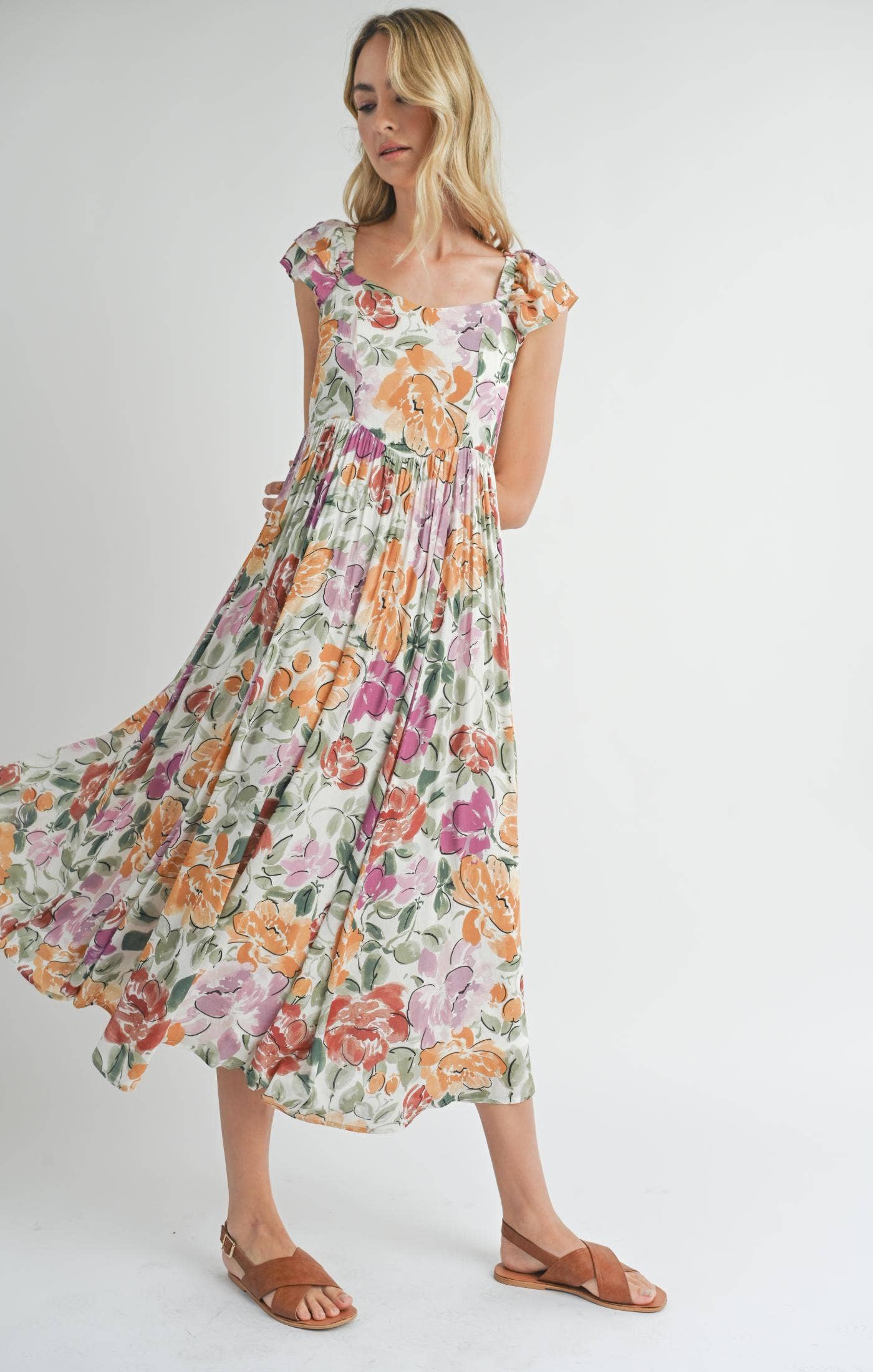 Treasures Ruffle Slv Midi Dress: MULTI