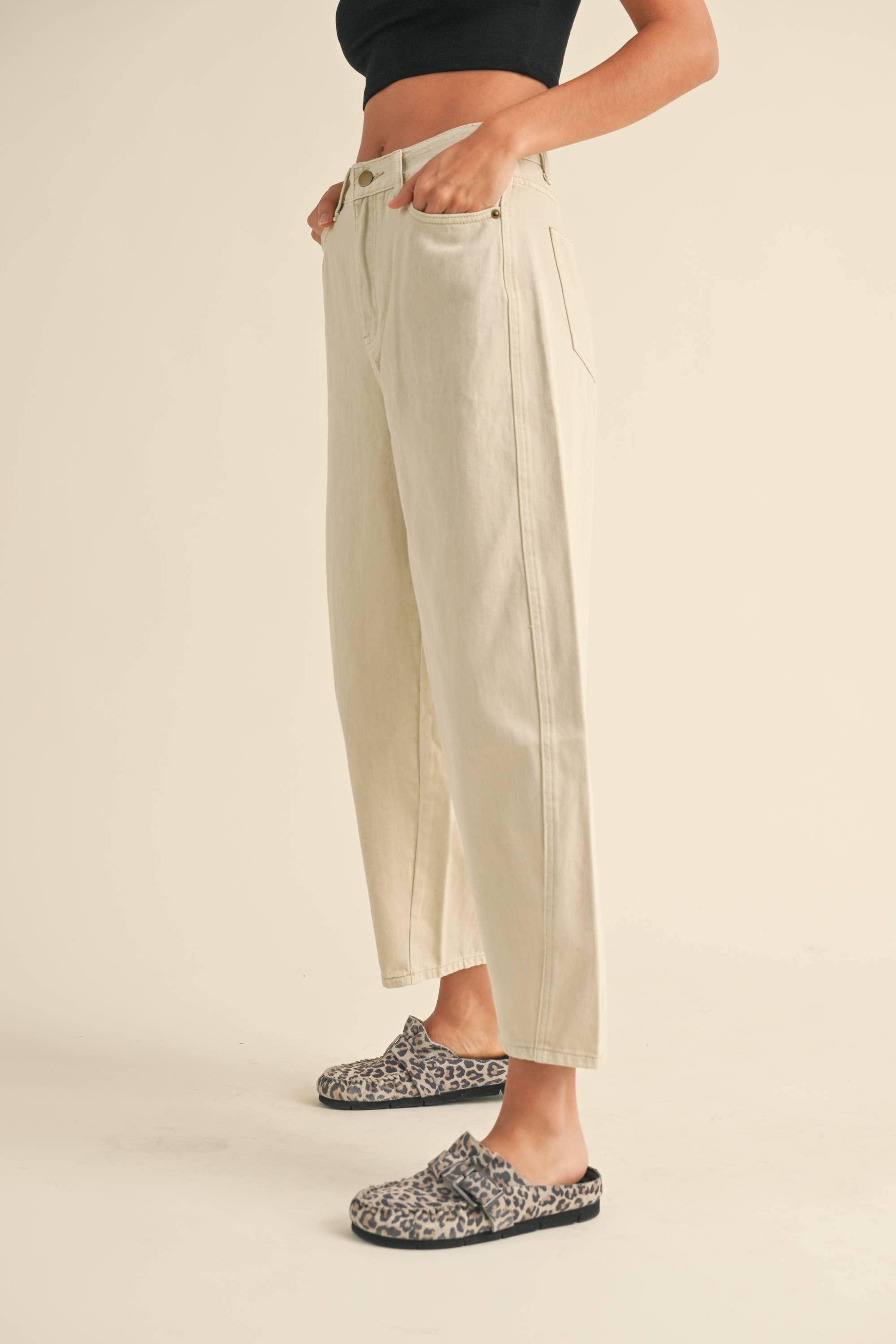 Beige Washed Barrel Pants