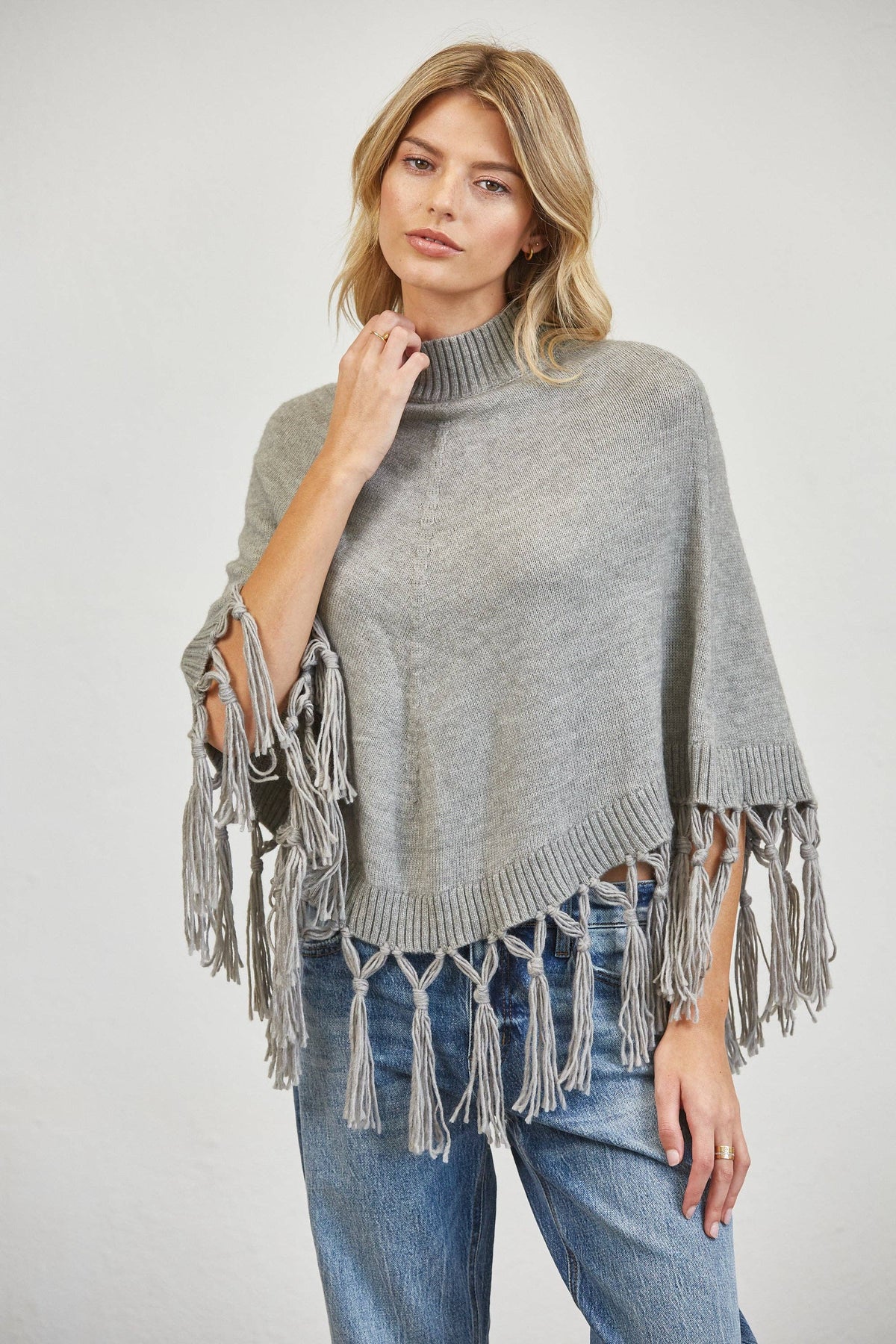 Fringe Mock Neck Poncho