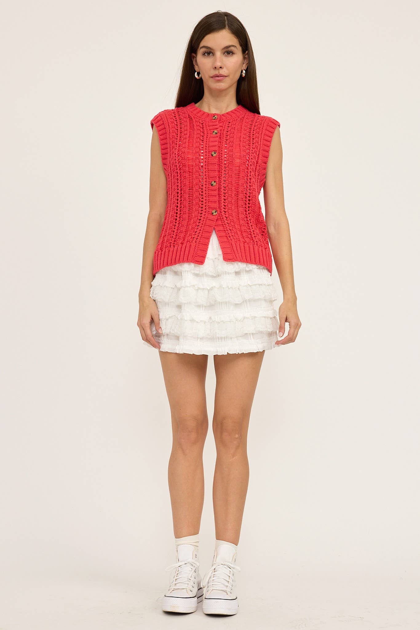 Sleeveless Sweater Cardigan - Red