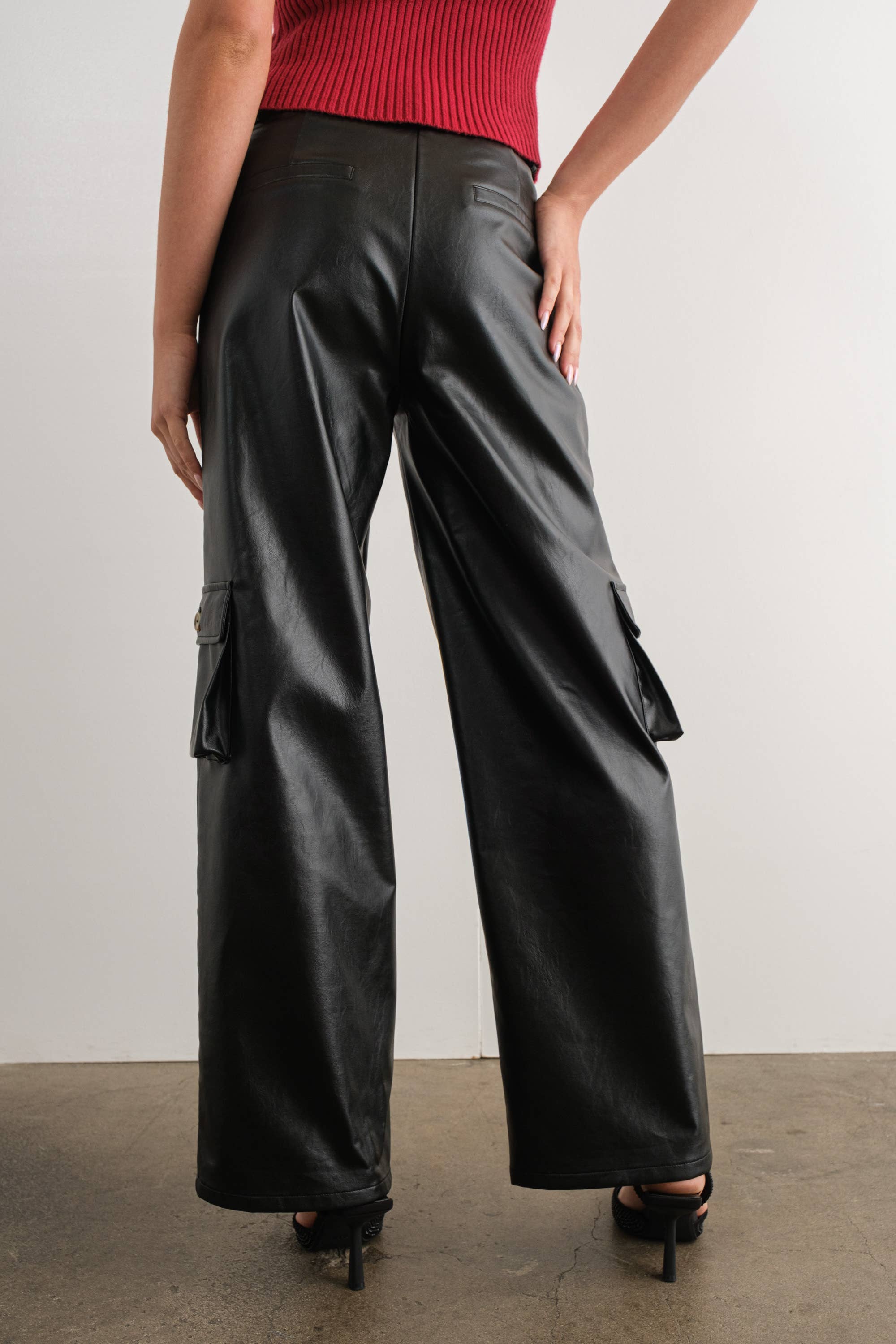 Wide Cargo Black Leather Pants