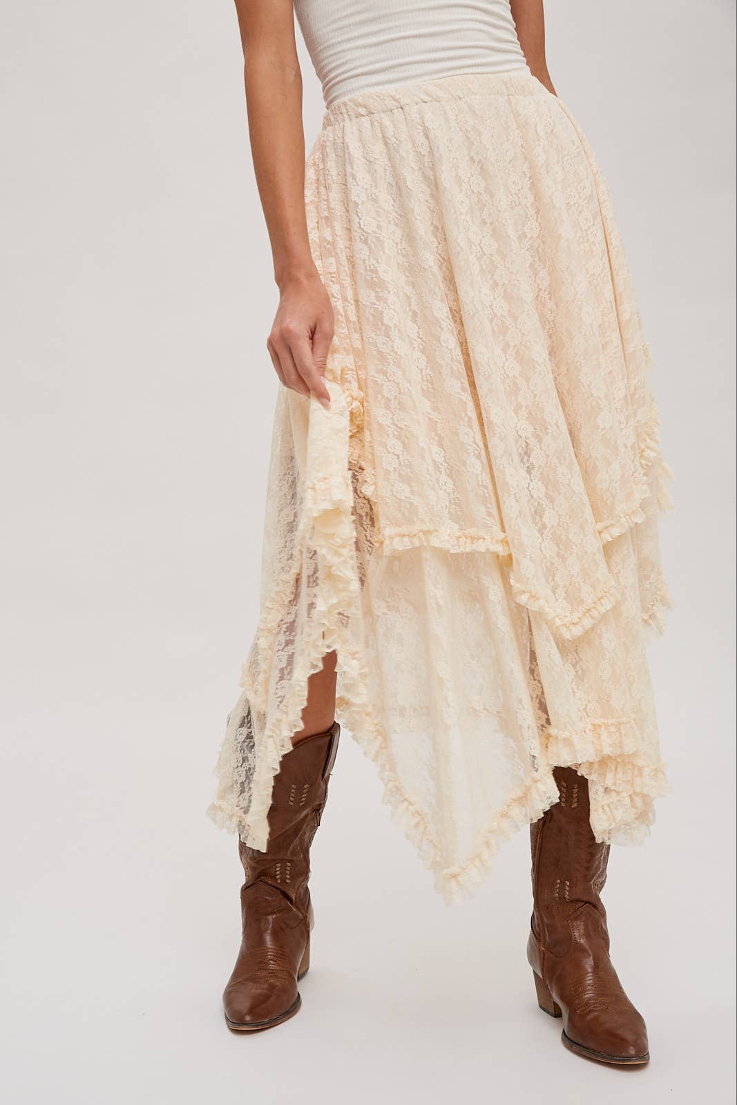 Ecru Lace Tier Midi Skirt