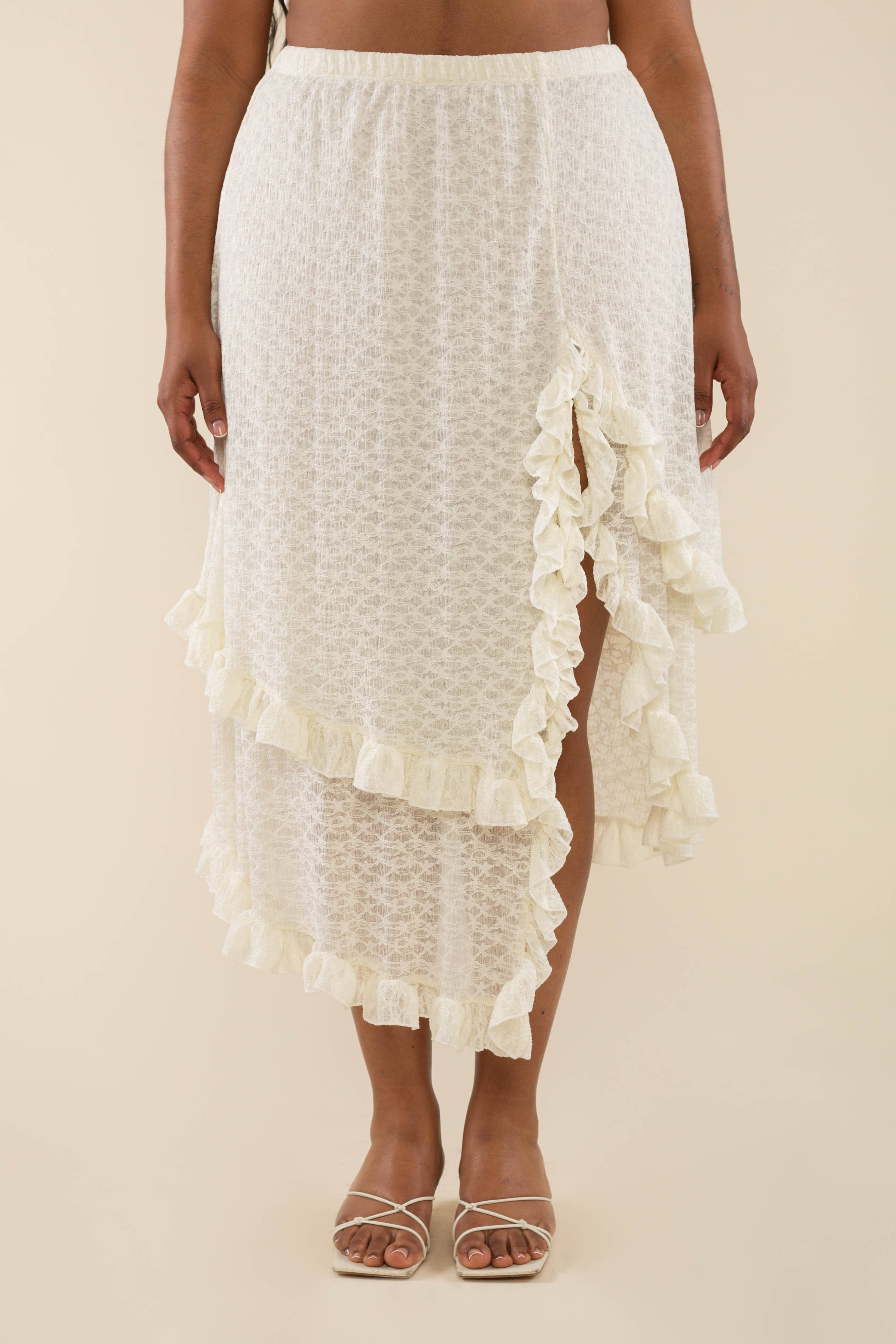 Portia White Lace Mesh Slit Skirt