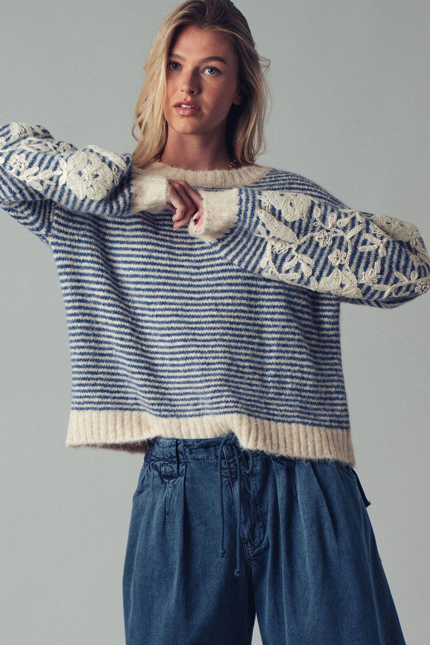 Floral Embroidered Stripe Sweater