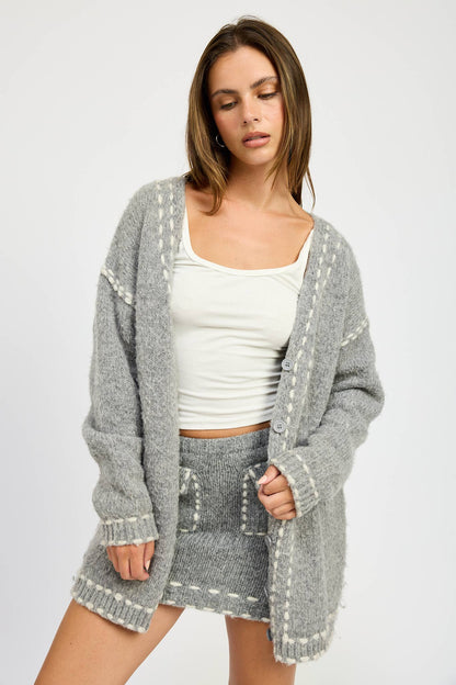 Gray Contrasted Stitch Cardigan