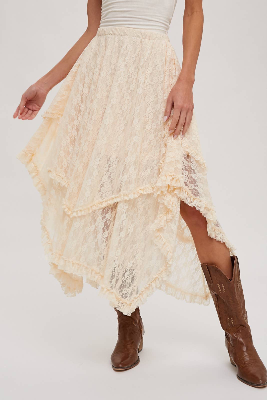 Ecru Lace Tier Midi Skirt