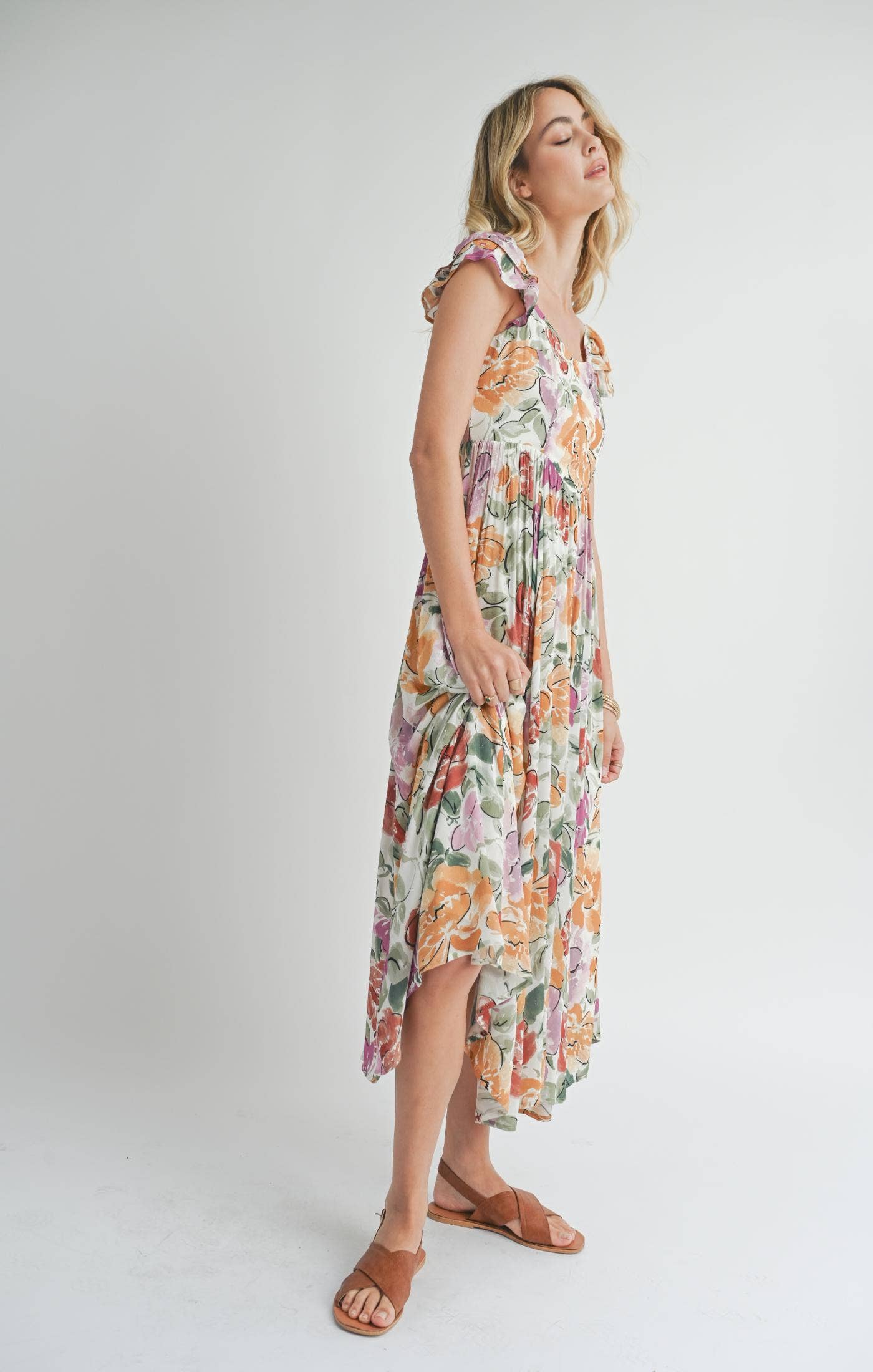 Treasures Ruffle Slv Midi Dress: MULTI