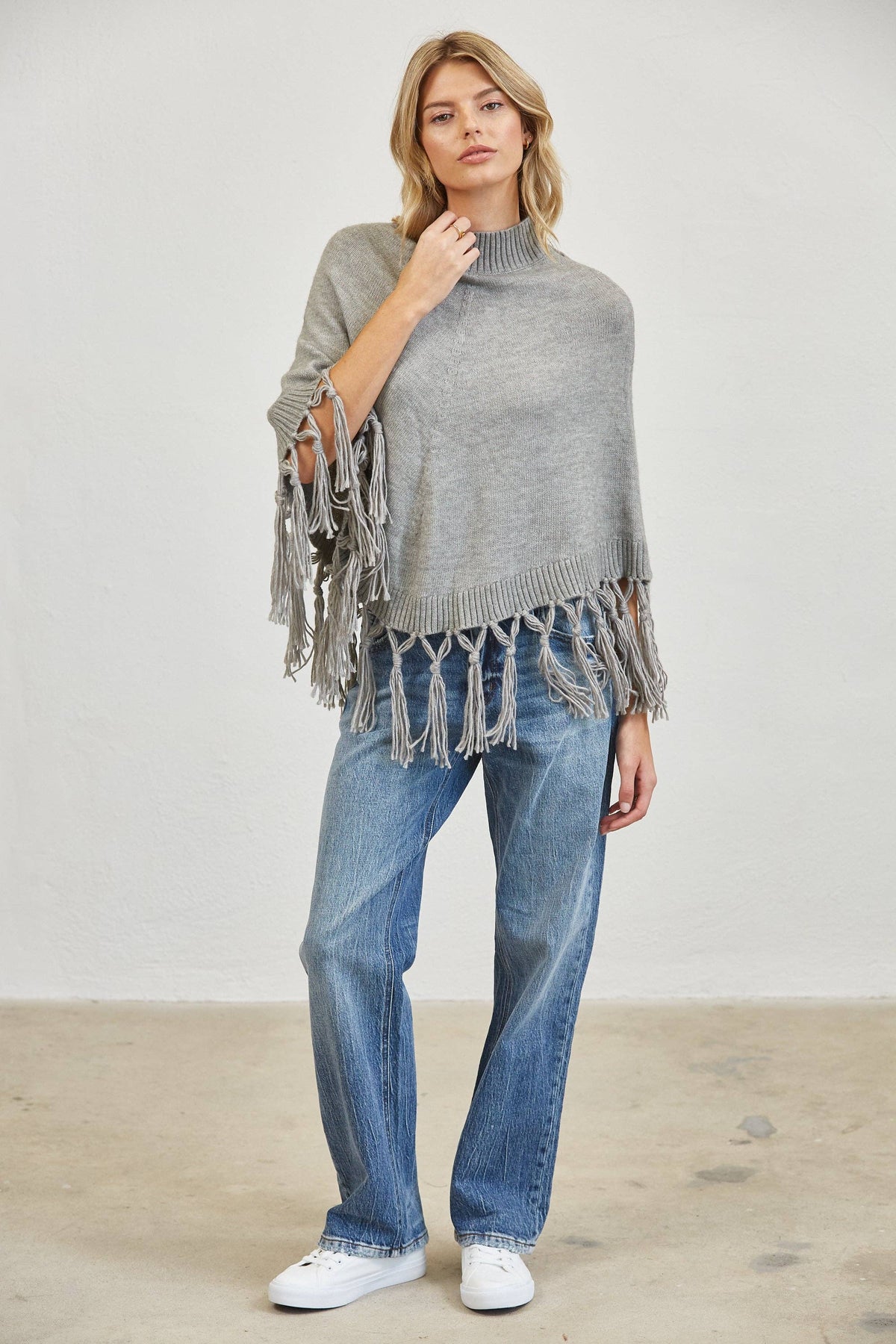Fringe Mock Neck Poncho