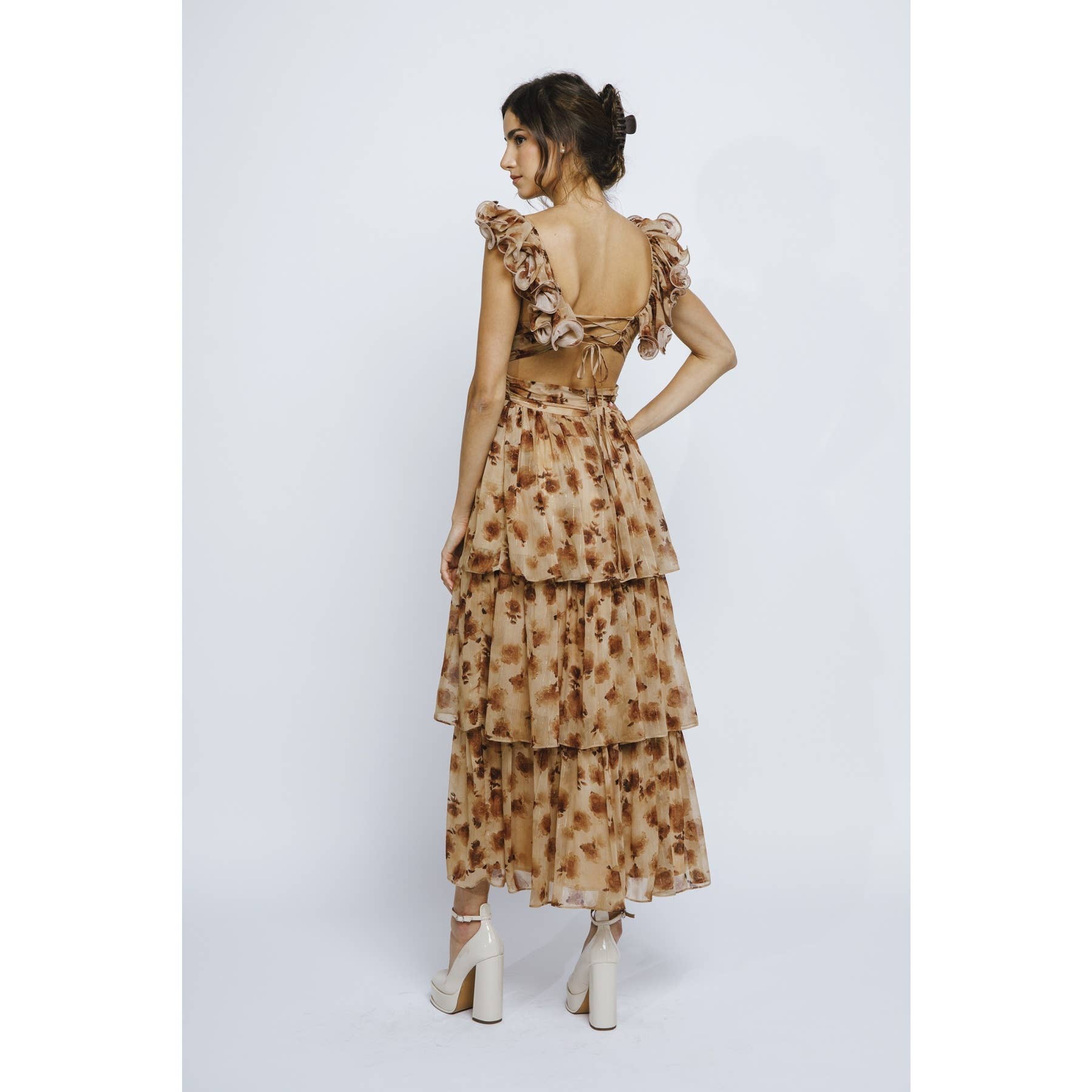 Brown Floral Ruffle Dress