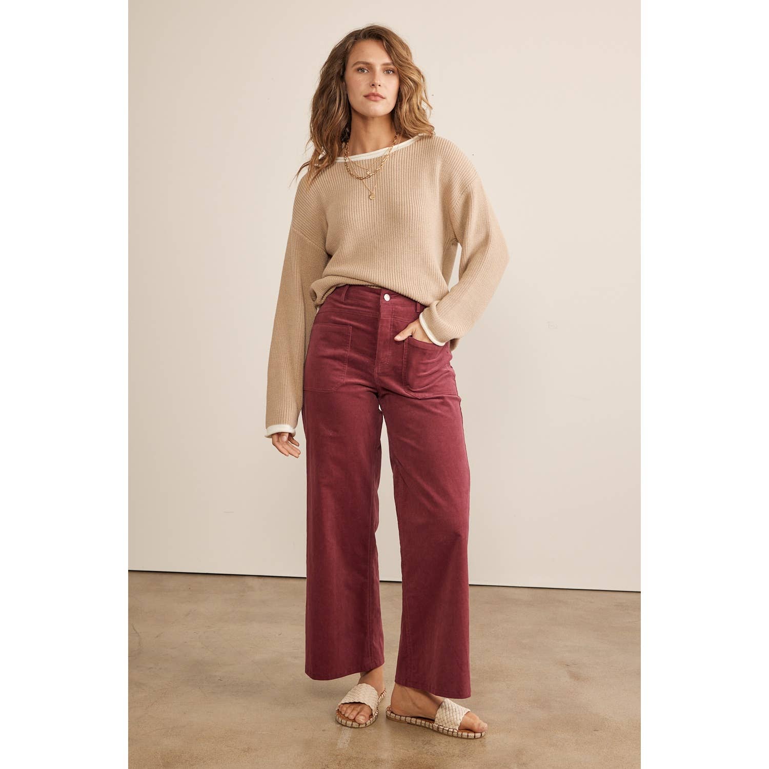 Wide Leg Corduroy Pants - Berry