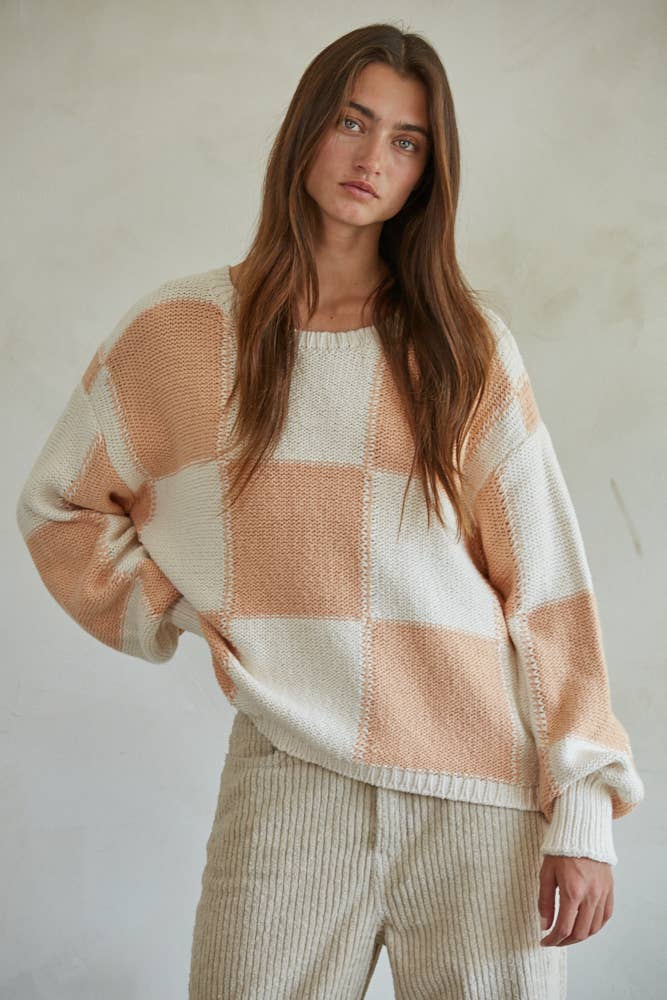 Cream Coral Checkered Pullover