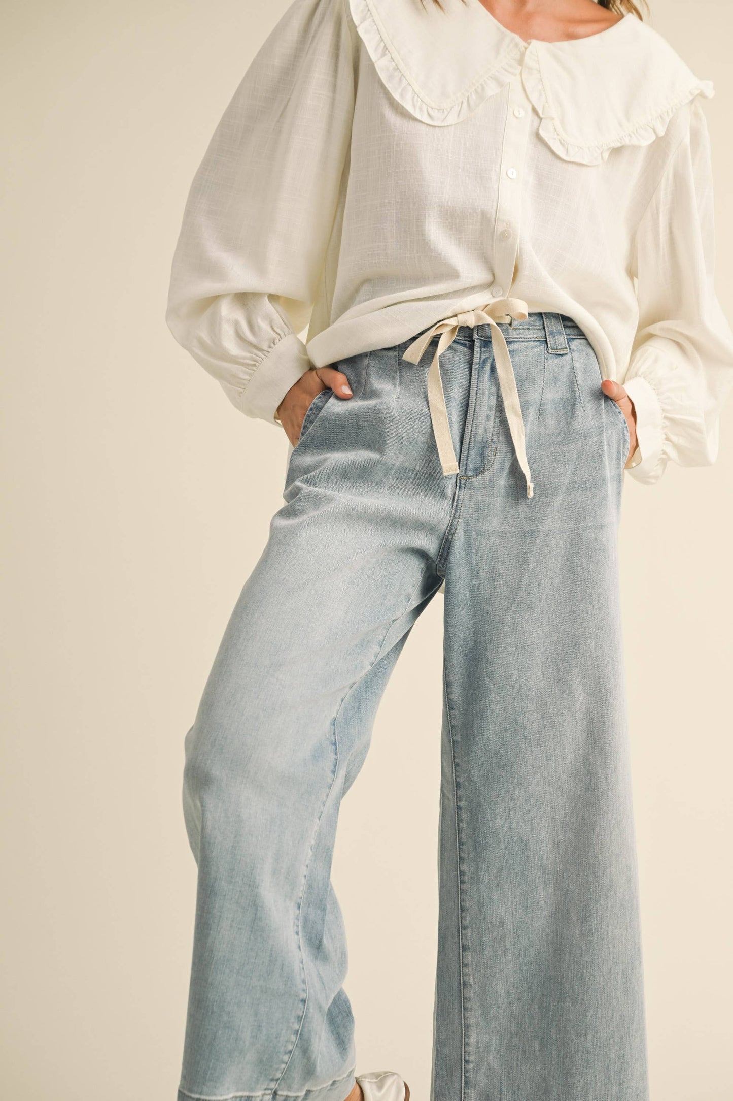 Washed Denim Tie Pants